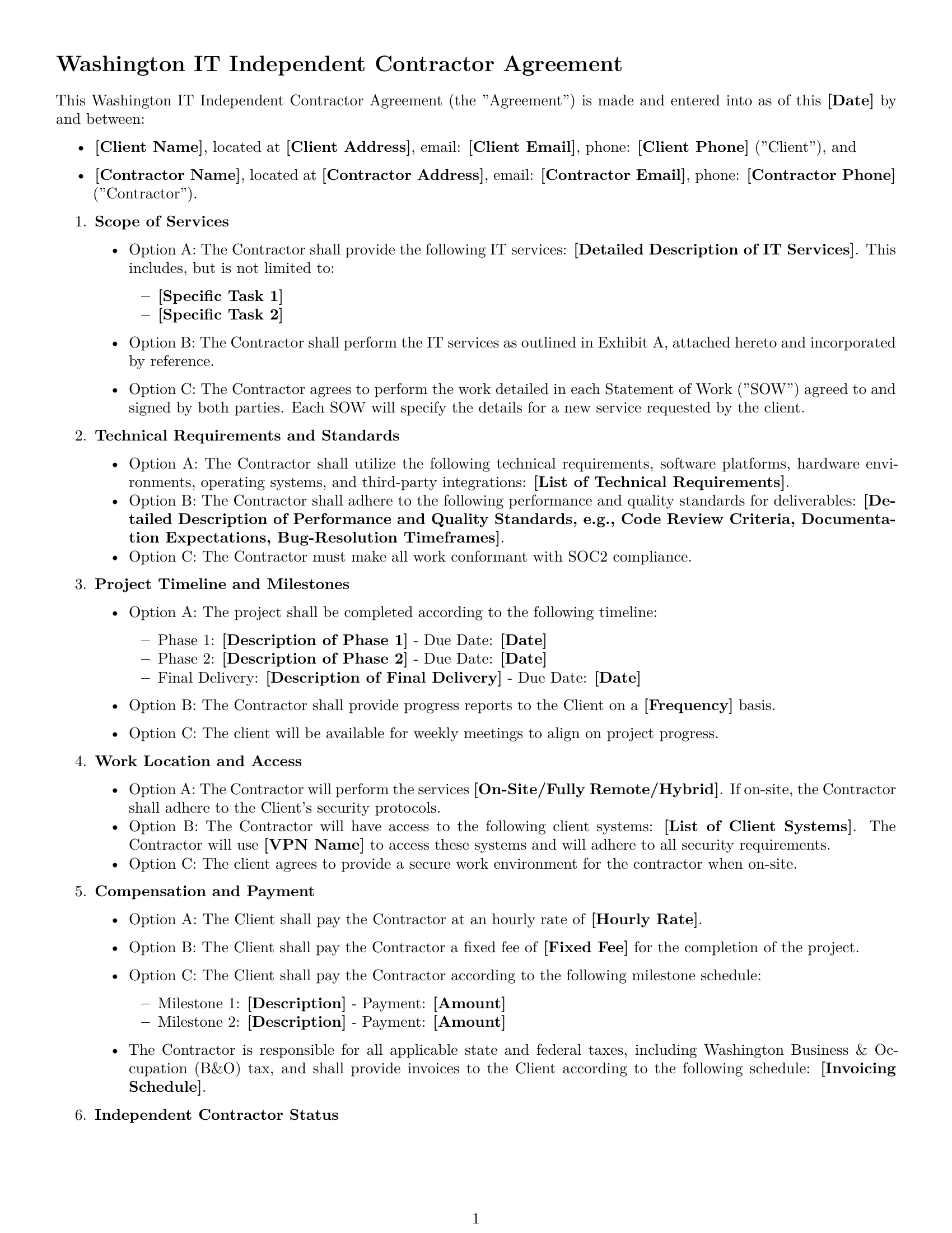 Preview page 1 of Free Washington IT independent contractor agreement template