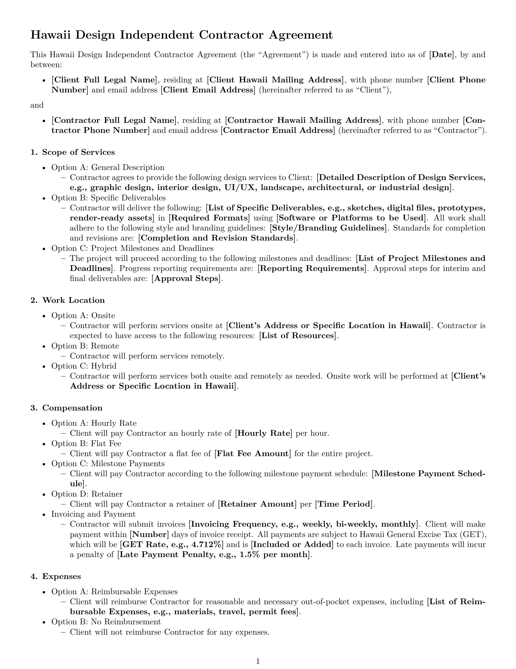 Preview page 1 of Free Hawaii design independent contractor agreement template