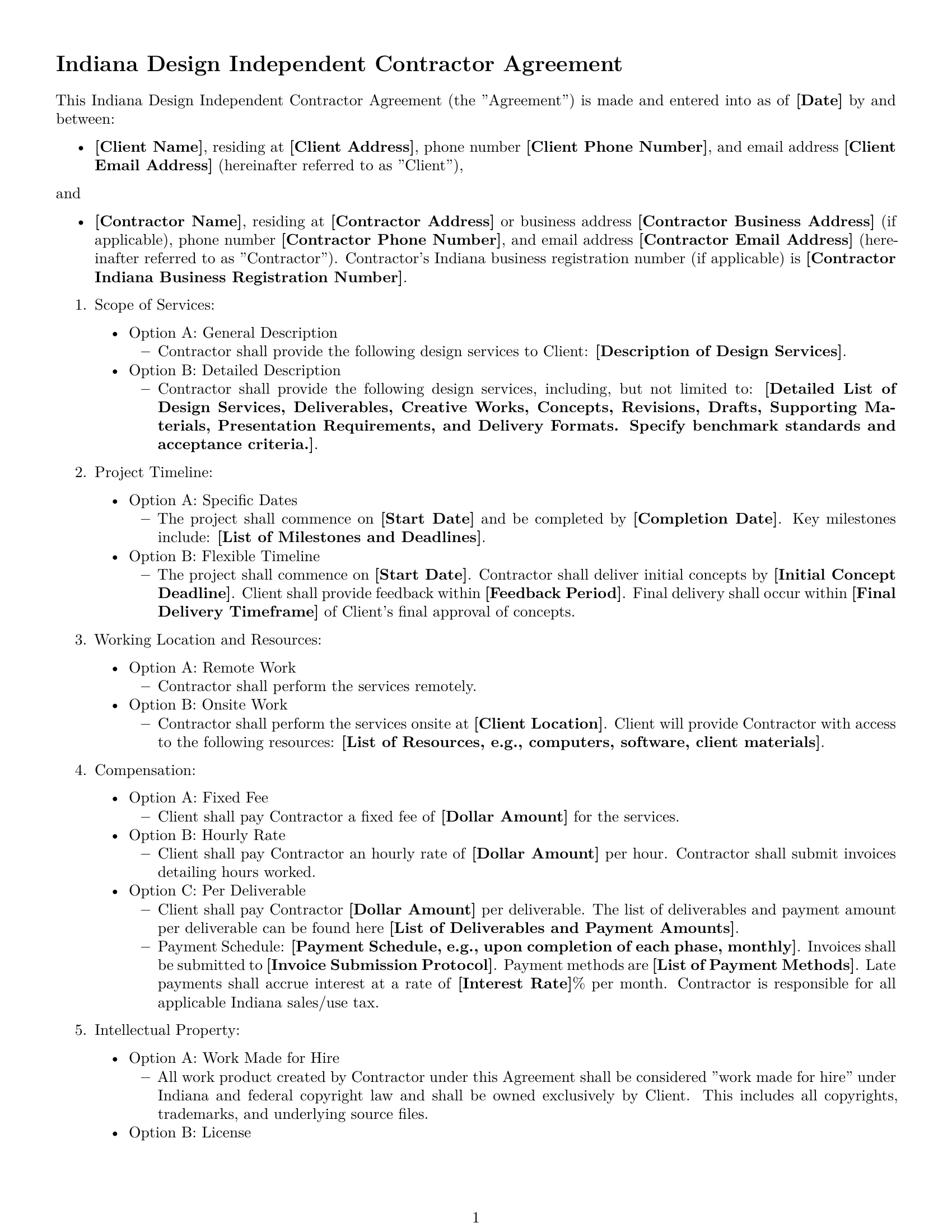 Preview page 1 of Free Indiana design independent contractor agreement template