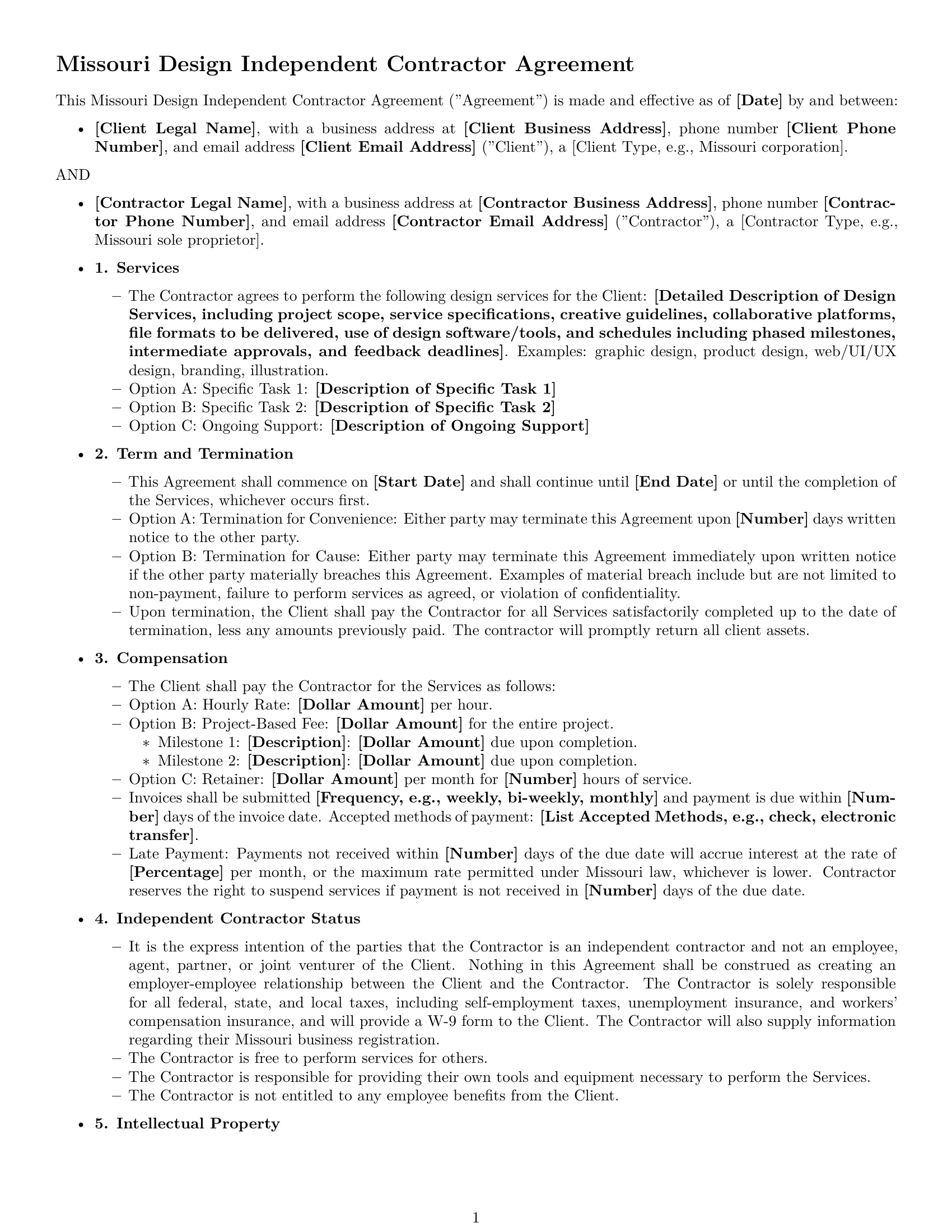 Preview page 1 of Free Missouri design independent contractor agreement template