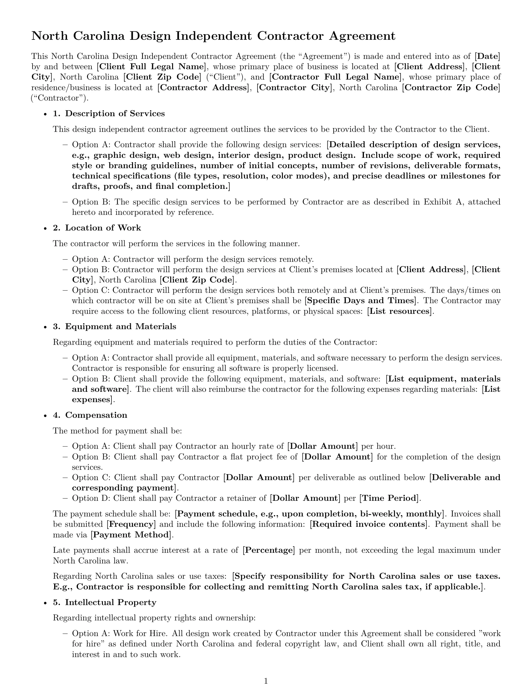 Preview page 1 of Free North Carolina design independent contractor agreement template