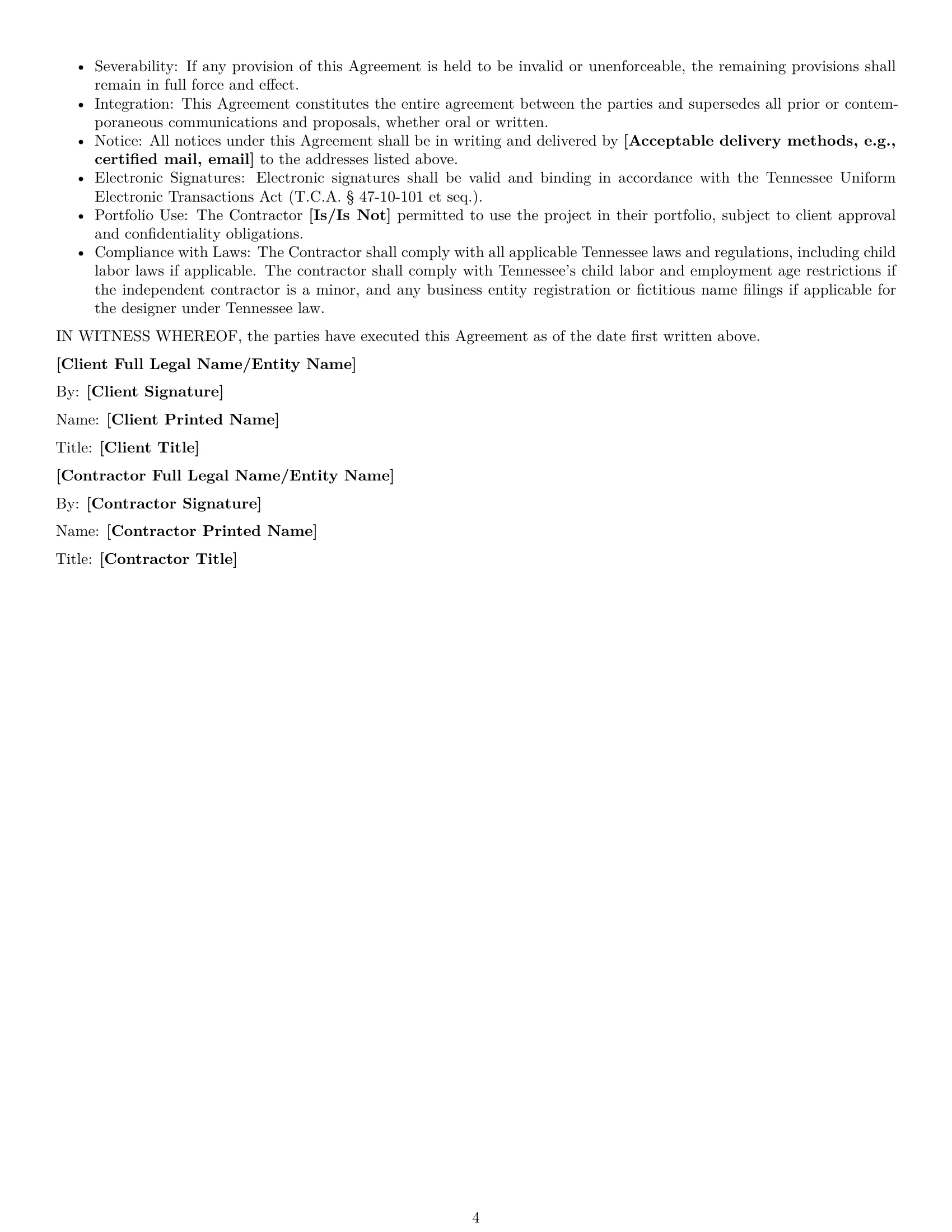 Preview page 4 of Free Tennessee design independent contractor agreement template