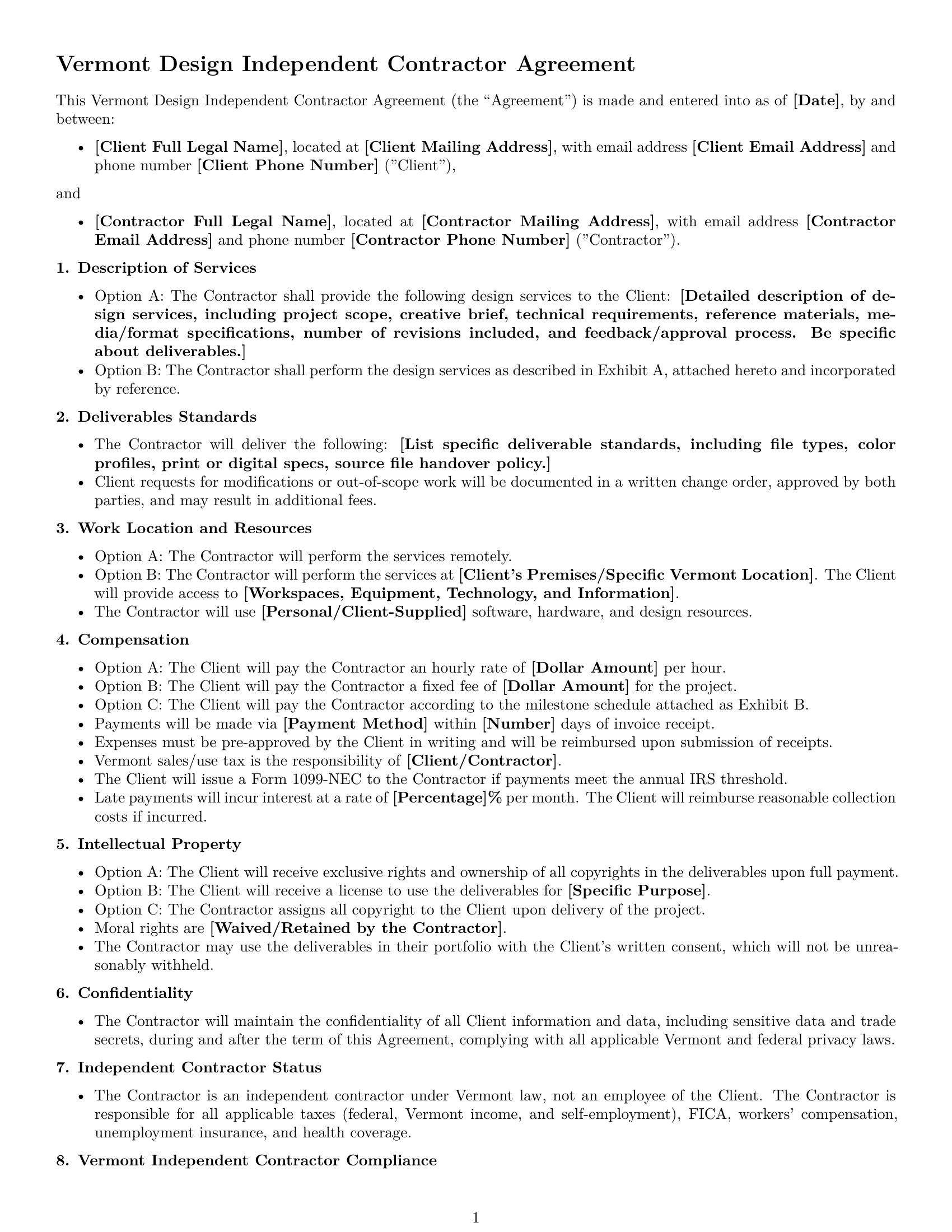 Preview page 1 of Free Vermont design independent contractor agreement template