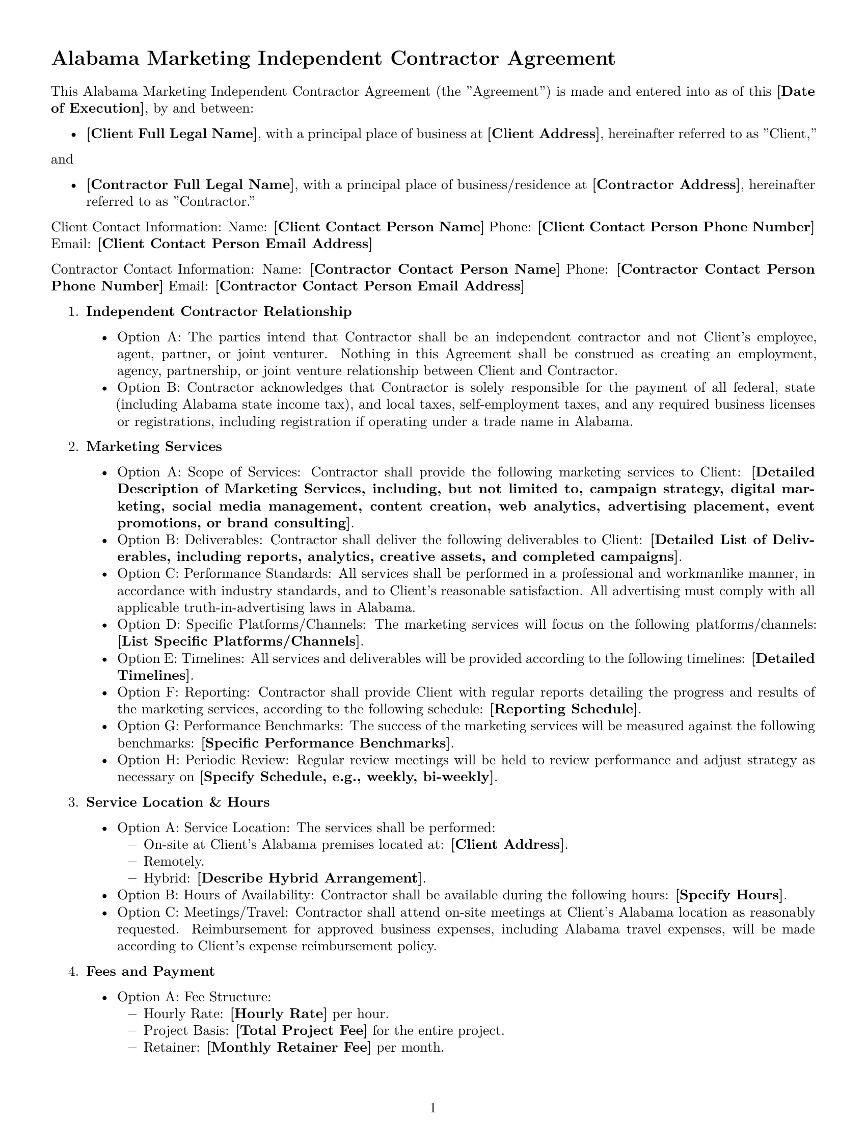 Preview page 1 of Free Alabama marketing independent contractor agreement template