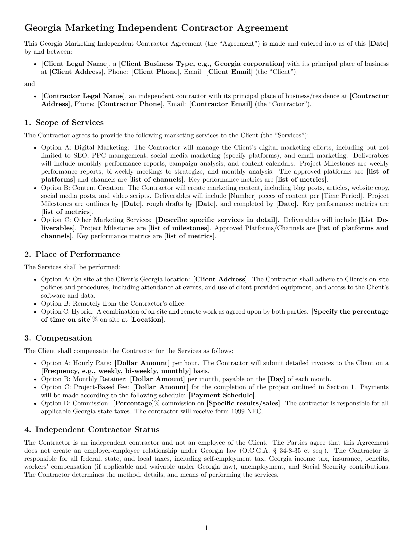 Preview page 1 of Free Georgia marketing independent contractor agreement template