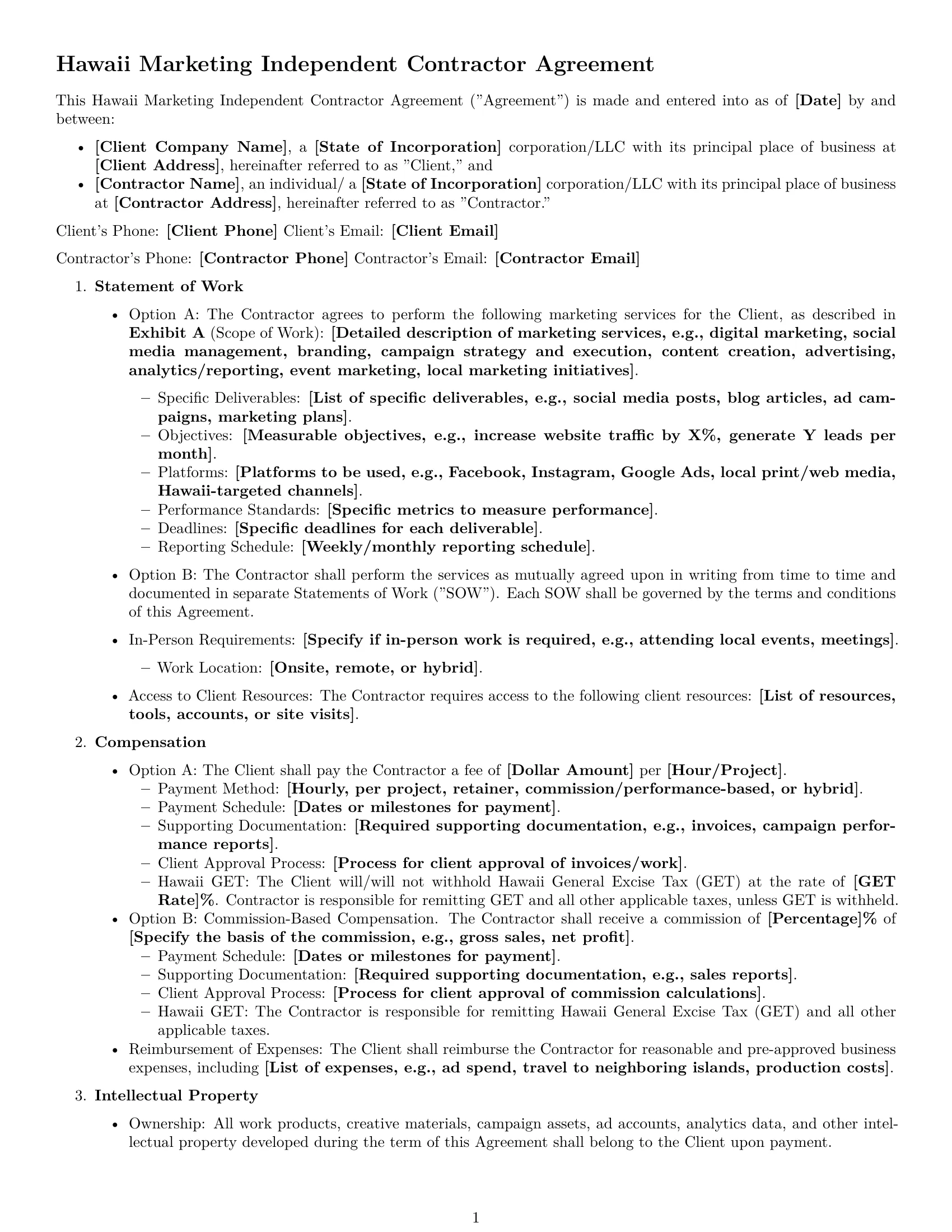 Preview page 1 of Free Hawaii marketing independent contractor agreement template