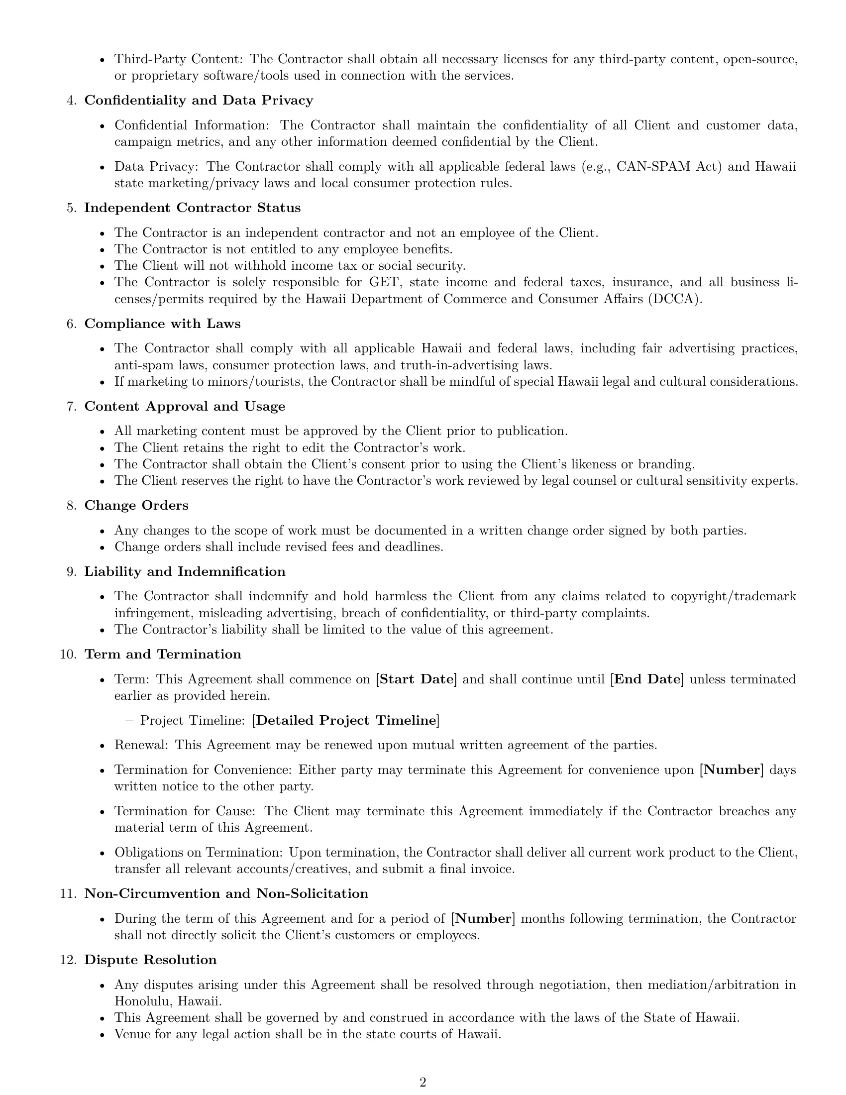 Preview page 2 of Free Hawaii marketing independent contractor agreement template