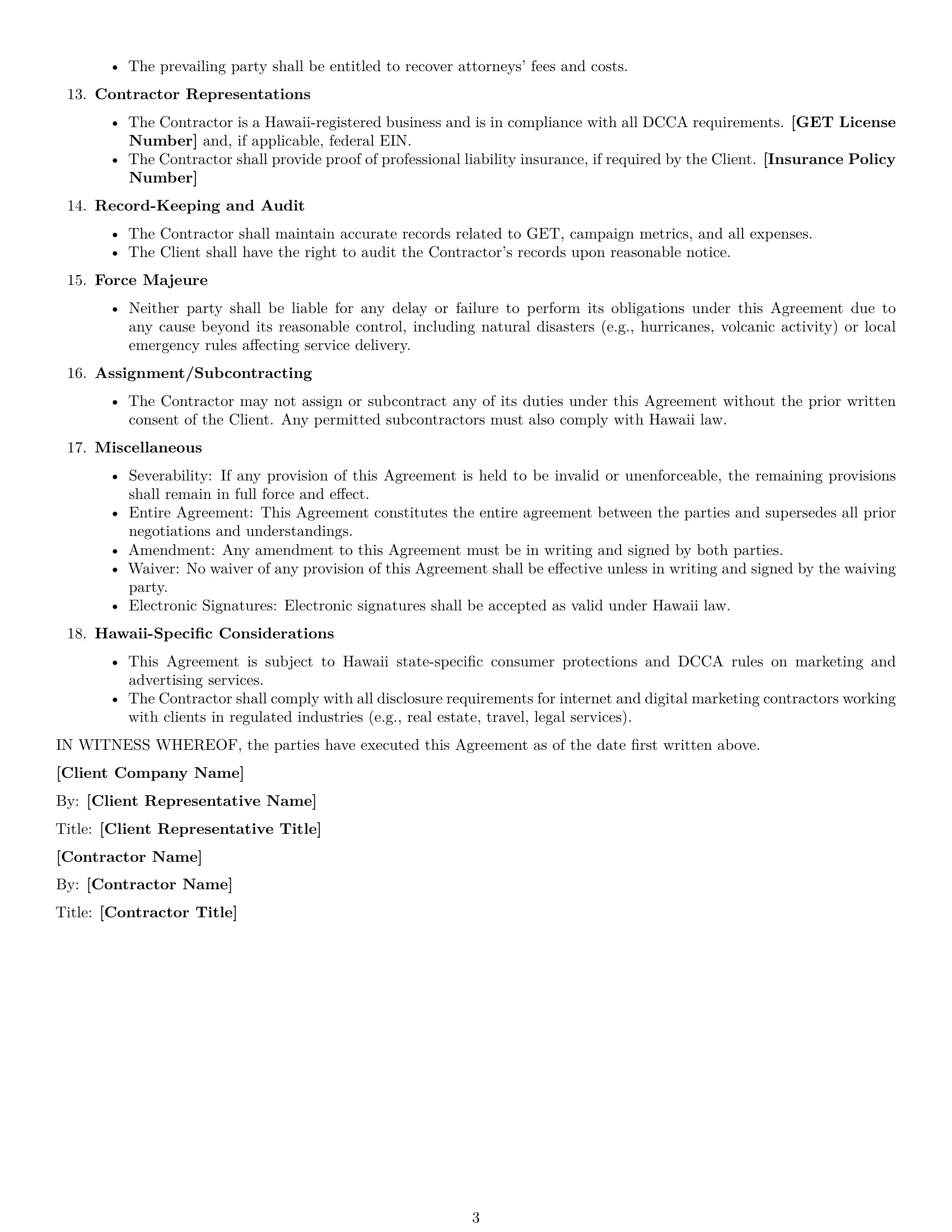 Preview page 3 of Free Hawaii marketing independent contractor agreement template