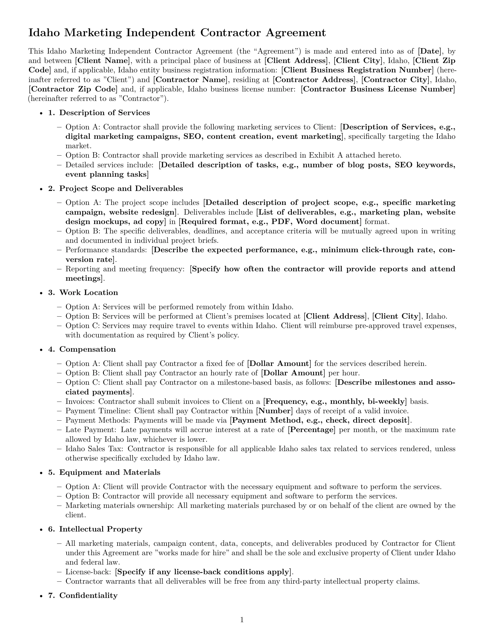 Preview page 1 of Free Idaho marketing independent contractor agreement template