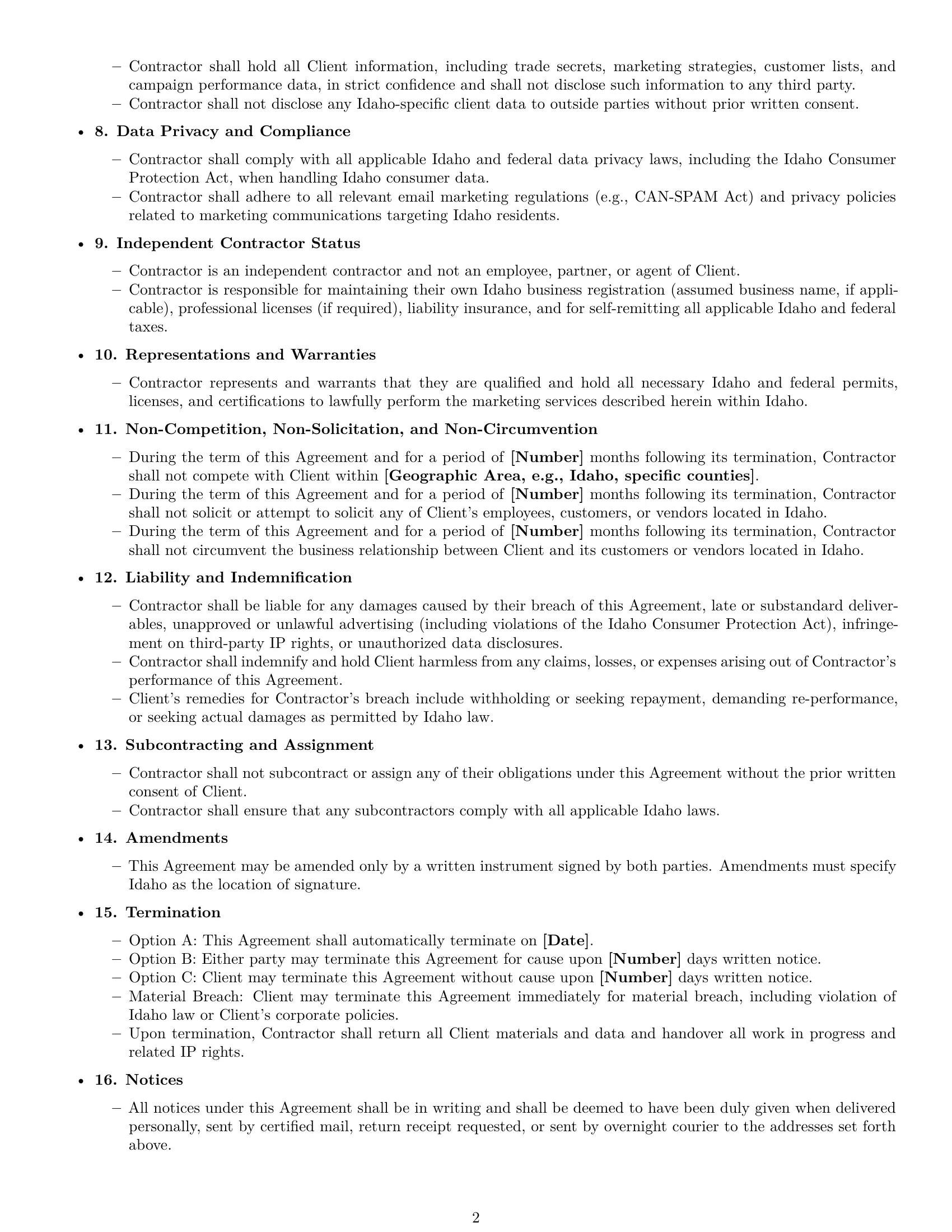 Preview page 2 of Free Idaho marketing independent contractor agreement template