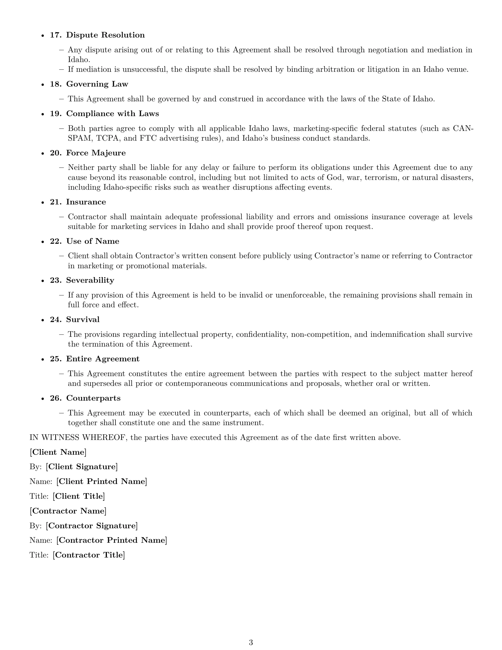 Preview page 3 of Free Idaho marketing independent contractor agreement template