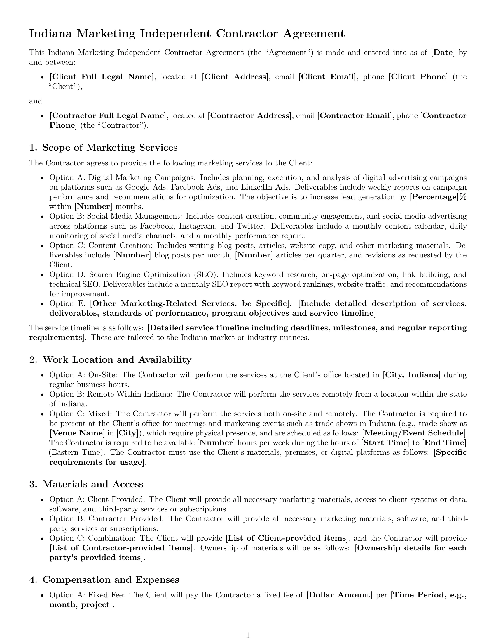 Preview page 1 of Free Indiana marketing independent contractor agreement template