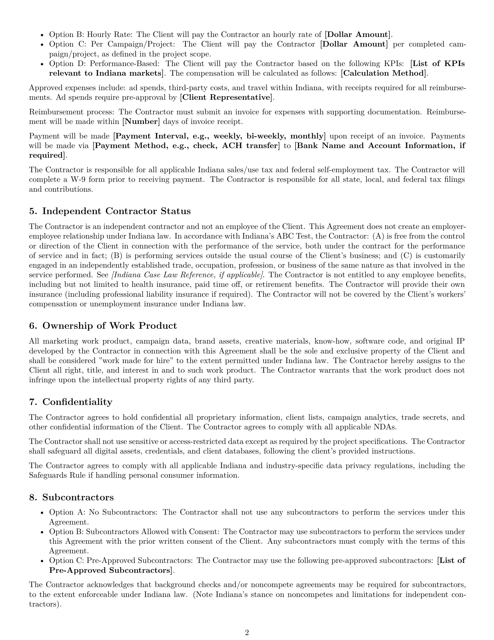Preview page 2 of Free Indiana marketing independent contractor agreement template