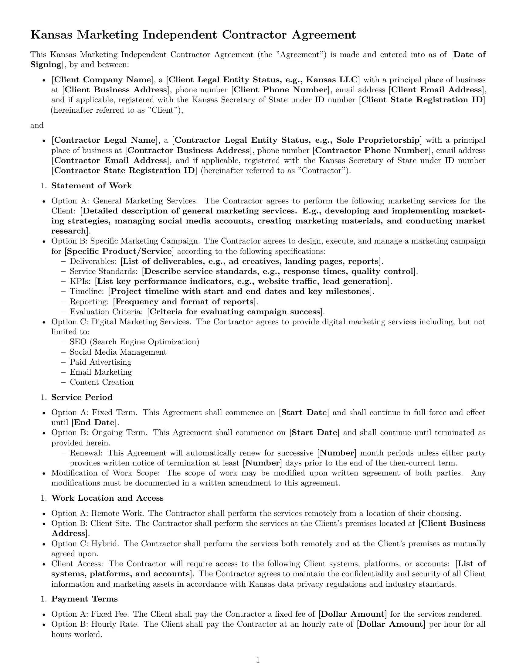 Preview page 1 of Free Kansas marketing independent contractor agreement template