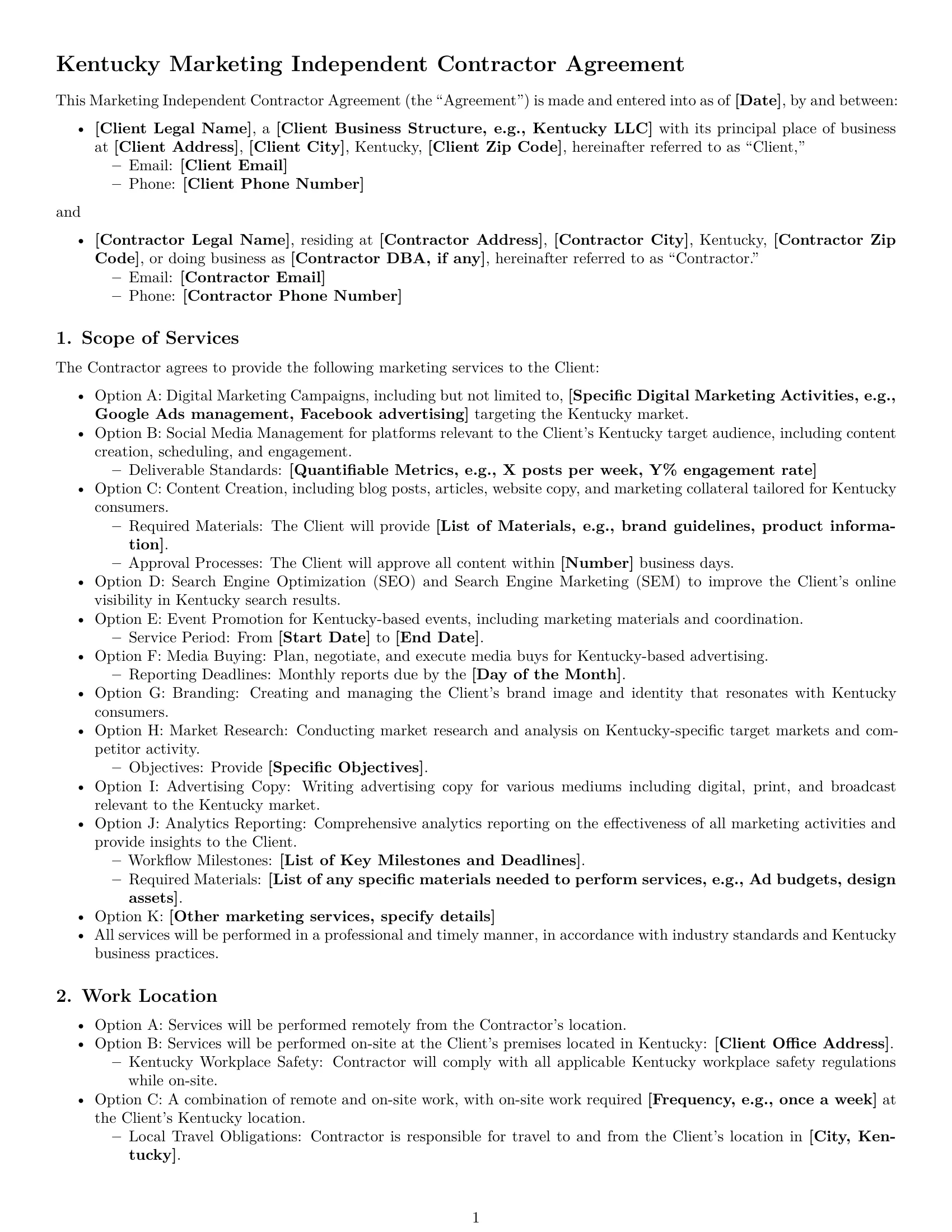 Preview page 1 of Free Kentucky marketing independent contractor agreement template