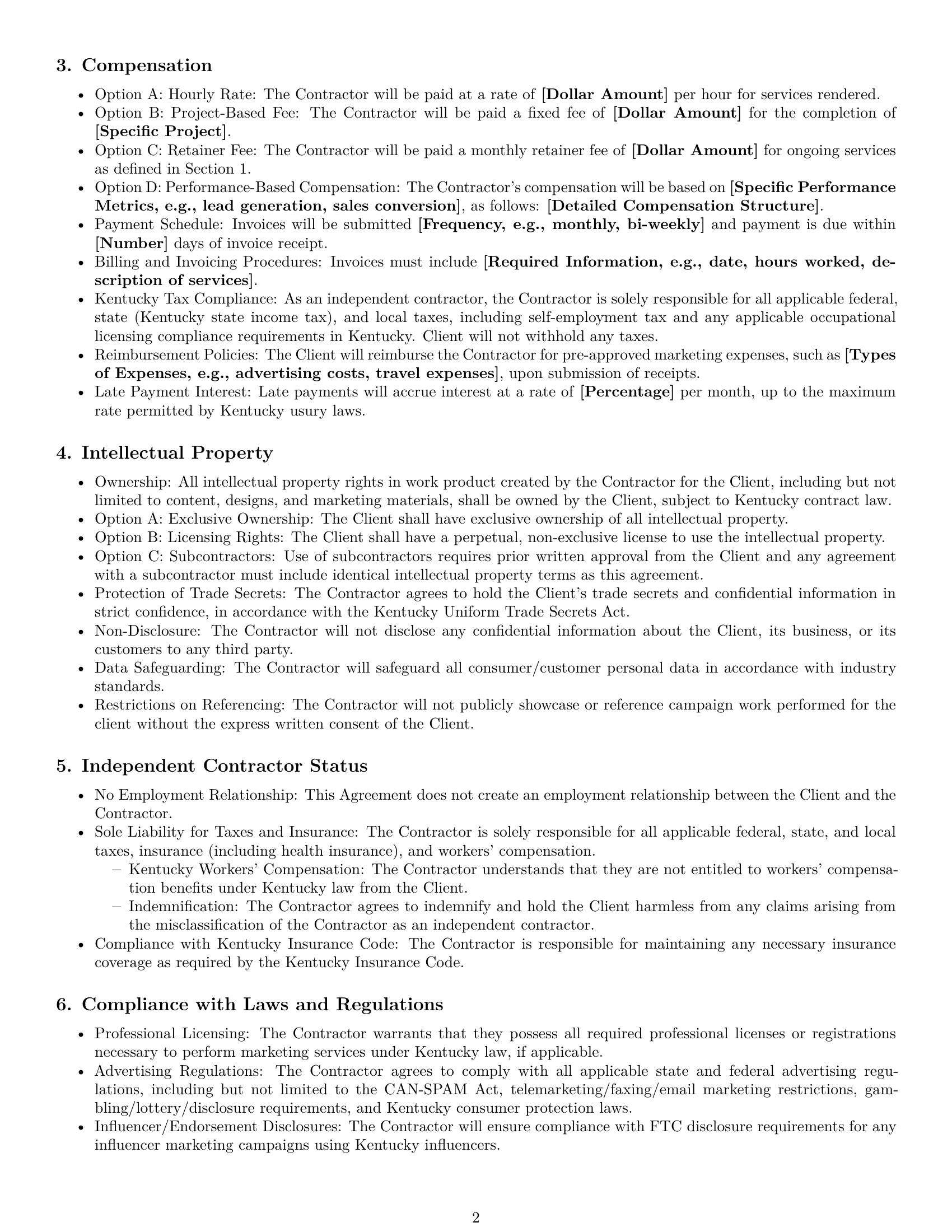 Preview page 2 of Free Kentucky marketing independent contractor agreement template