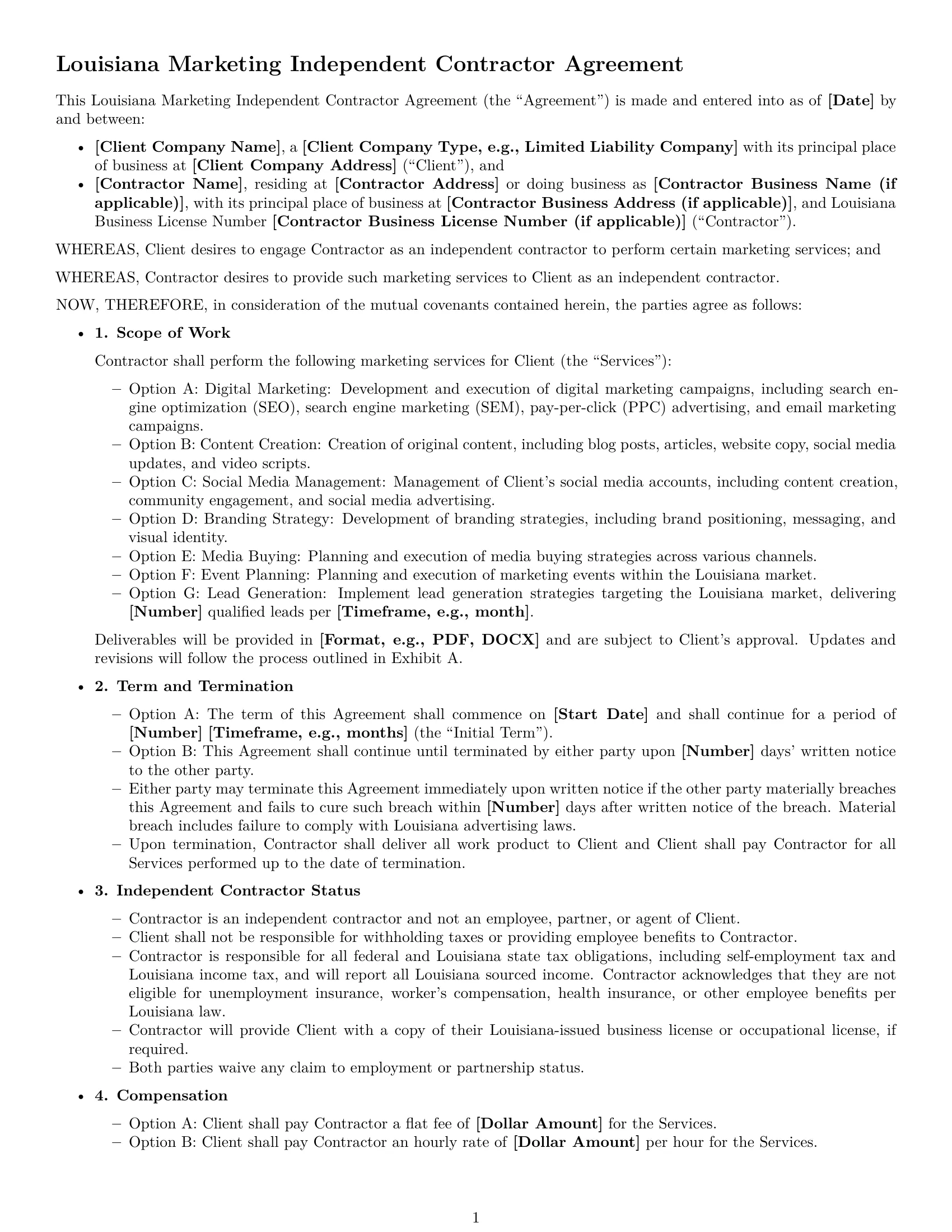 Preview page 1 of Free Louisiana marketing independent contractor agreement template