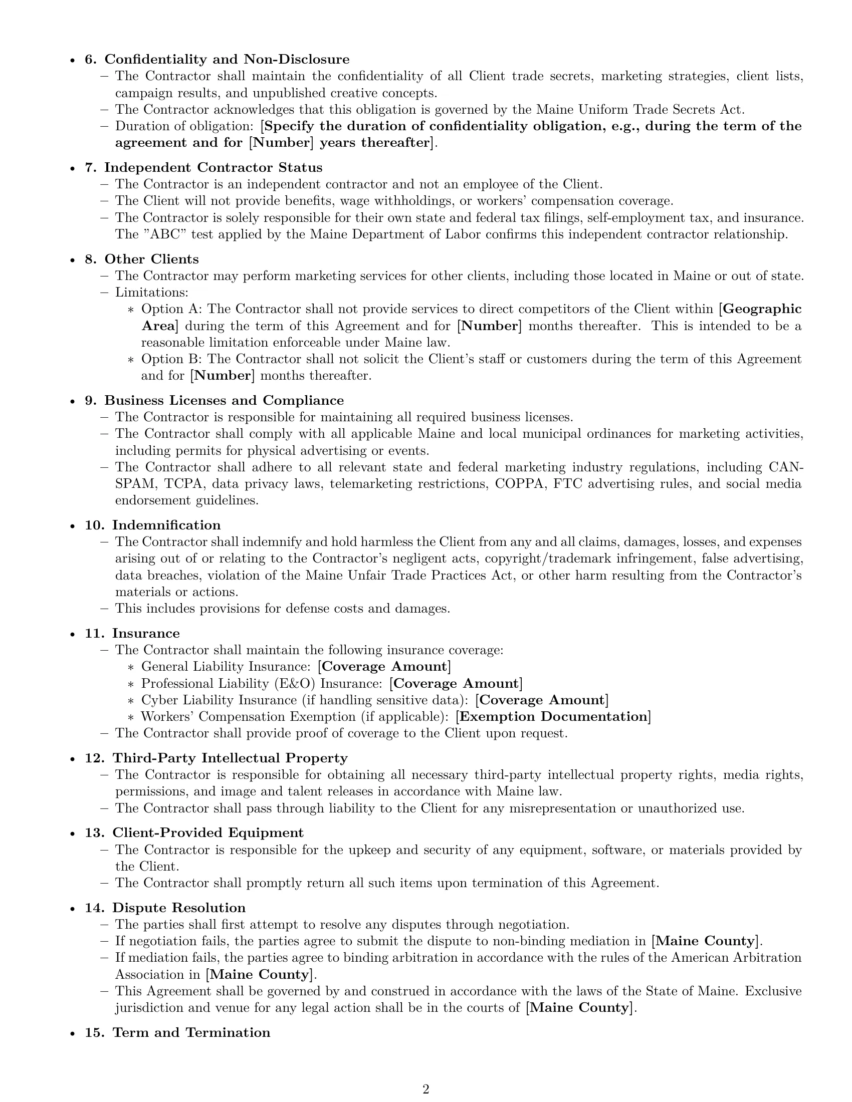 Preview page 2 of Free Maine marketing independent contractor agreement template