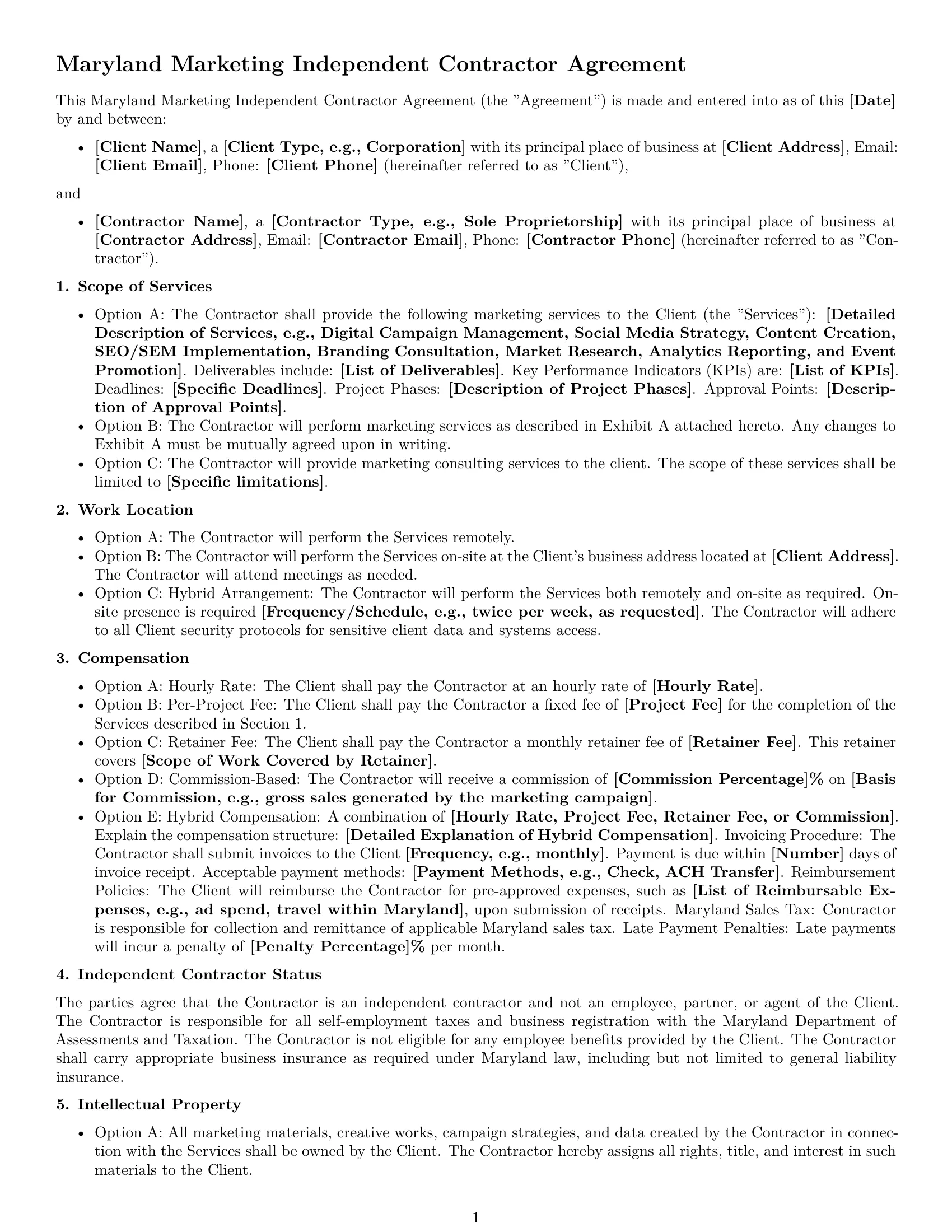 Preview page 1 of Free Maryland marketing independent contractor agreement template