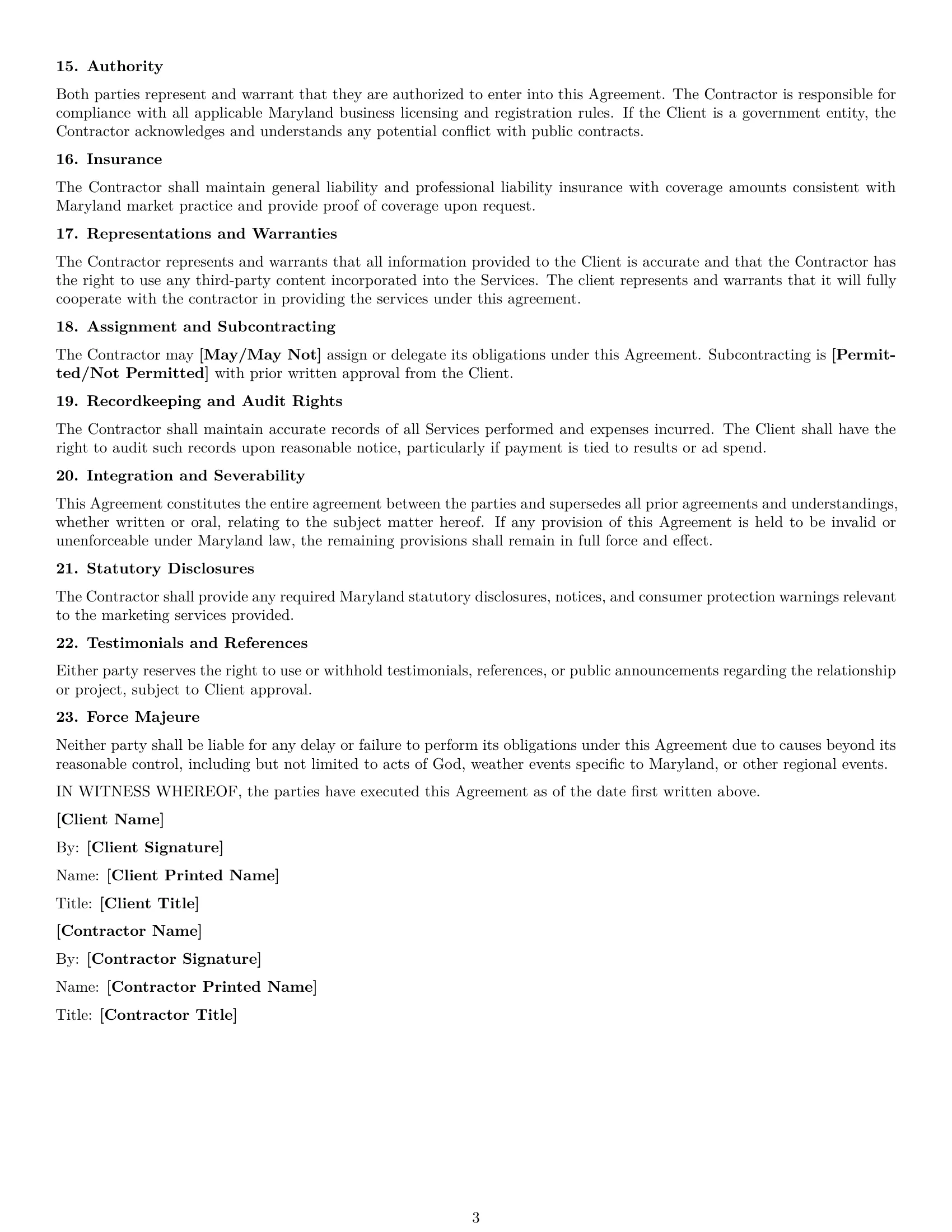 Preview page 3 of Free Maryland marketing independent contractor agreement template