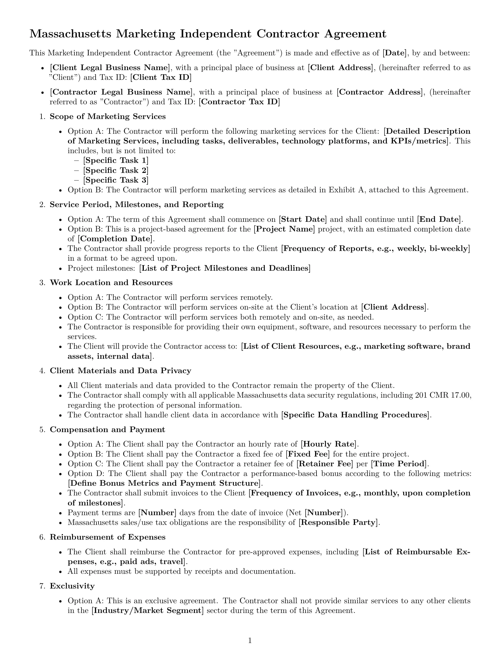 Preview page 1 of Free Massachusetts marketing independent contractor agreement template