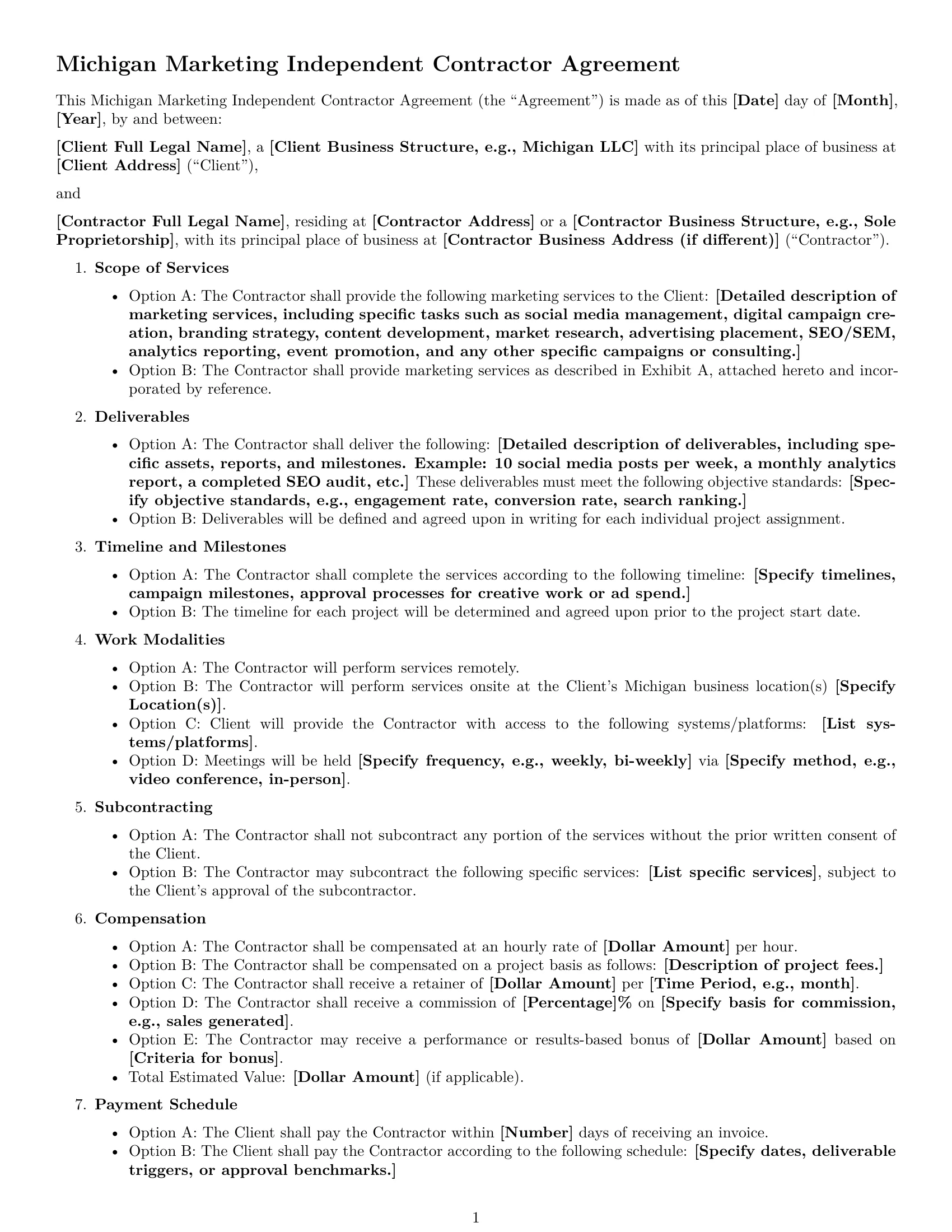 Preview page 1 of Free Michigan marketing independent contractor agreement template