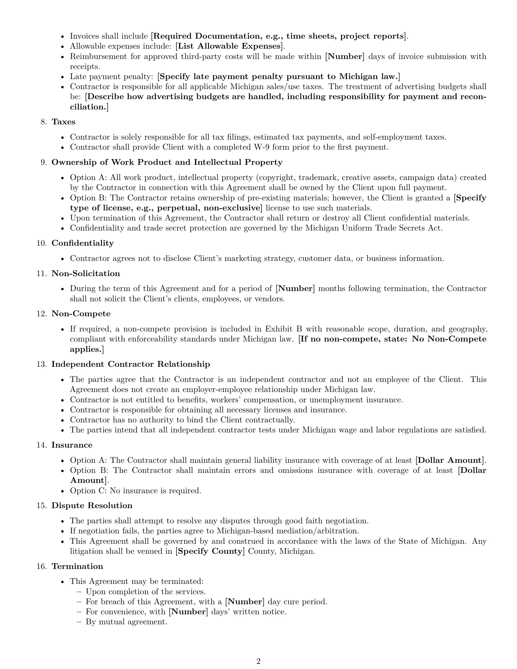 Preview page 2 of Free Michigan marketing independent contractor agreement template