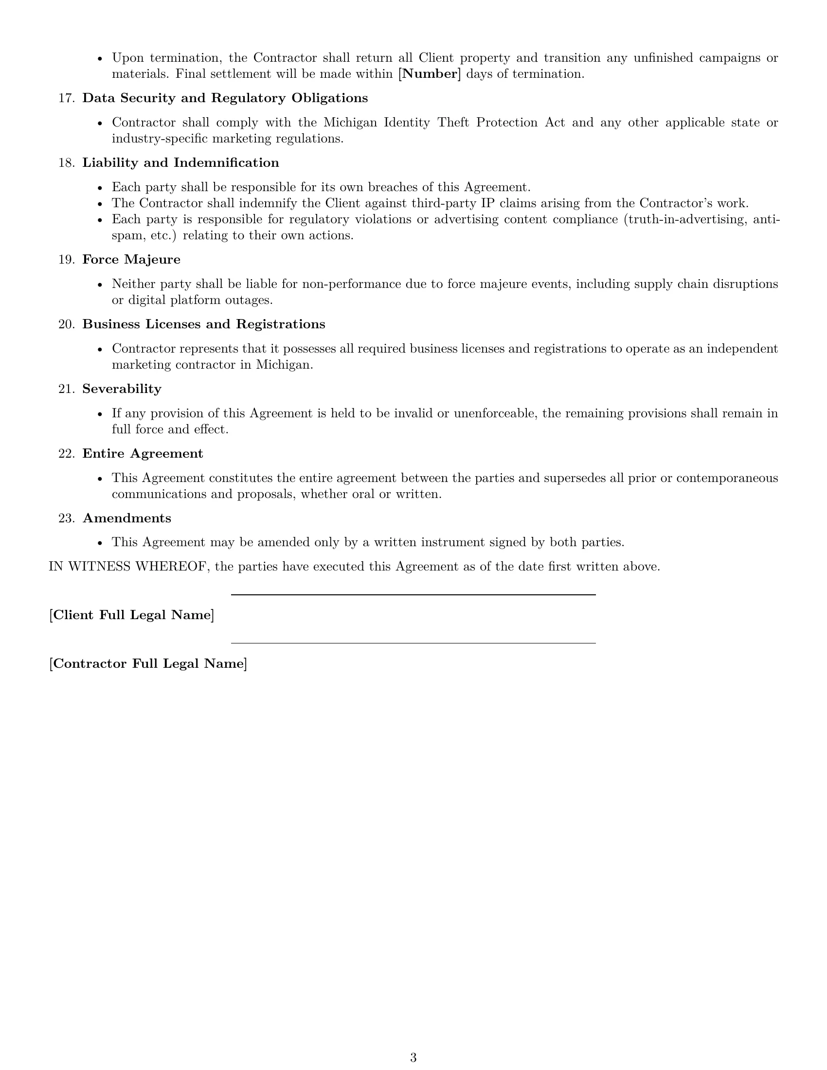Preview page 3 of Free Michigan marketing independent contractor agreement template