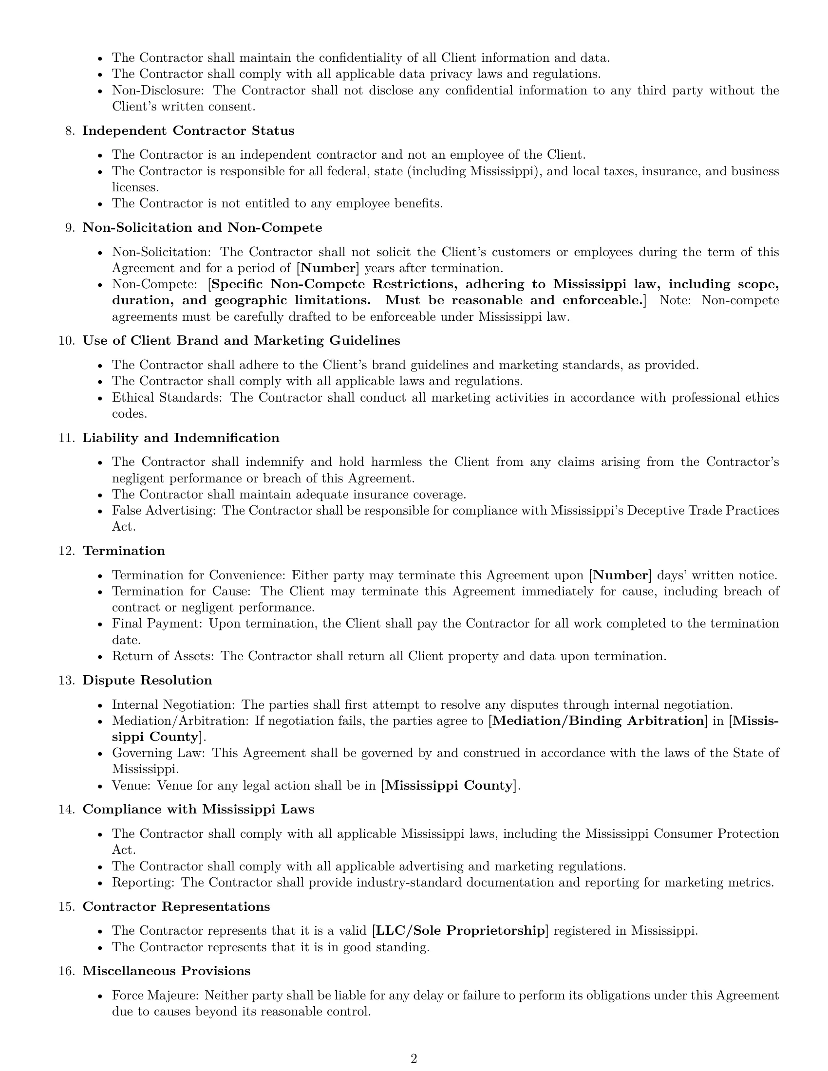 Preview page 2 of Free Mississippi marketing independent contractor agreement template