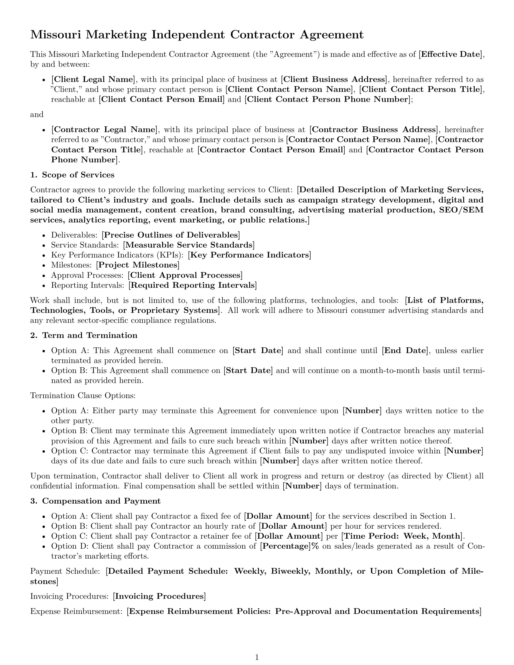 Preview page 1 of Free Missouri marketing independent contractor agreement template