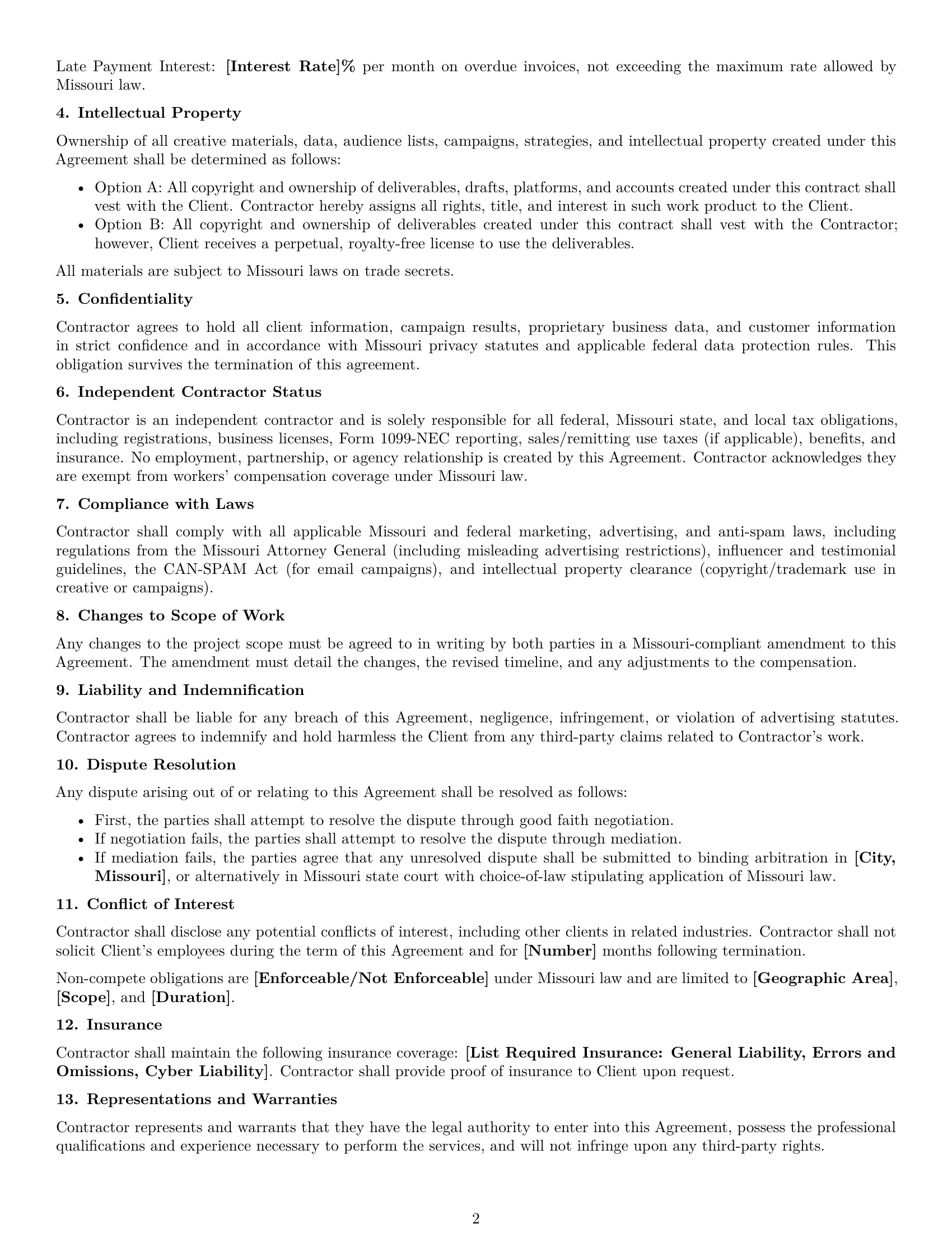 Preview page 2 of Free Missouri marketing independent contractor agreement template