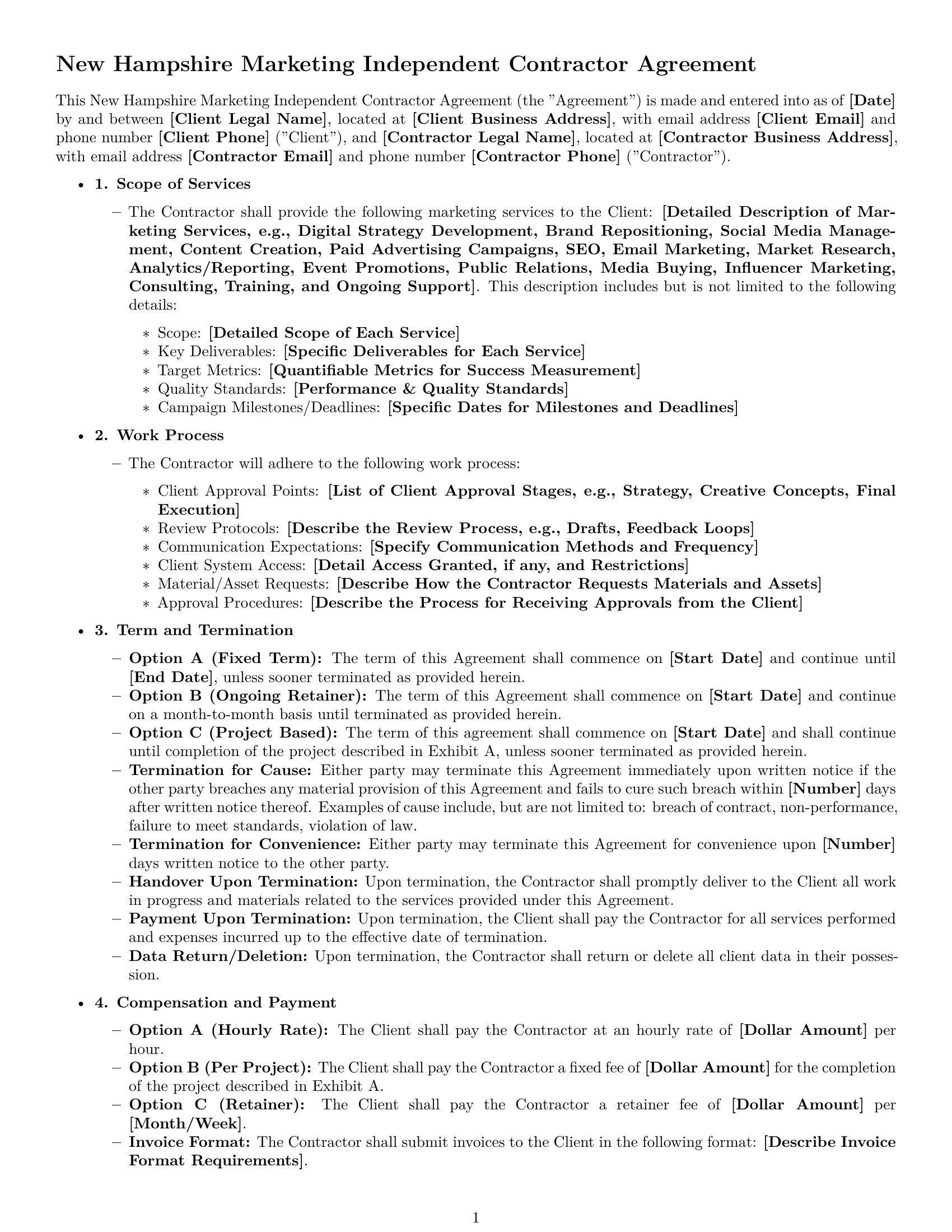Preview page 1 of Free New Hampshire marketing independent contractor agreement template