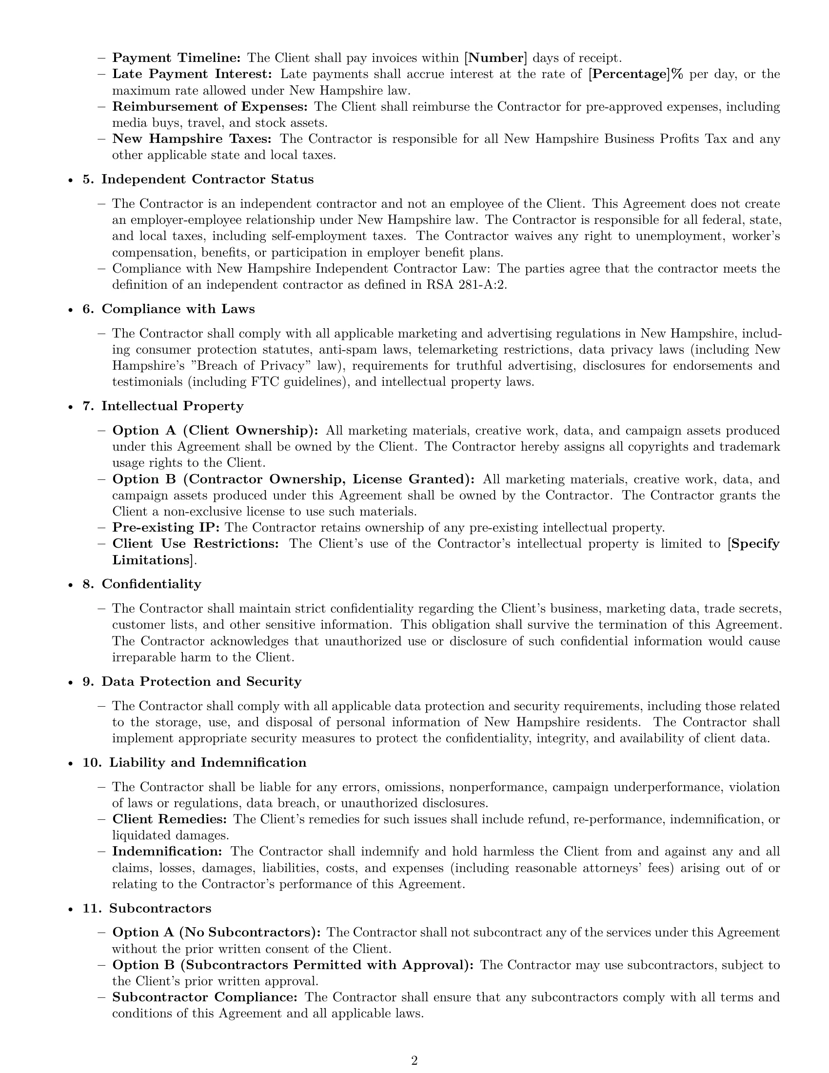 Preview page 2 of Free New Hampshire marketing independent contractor agreement template