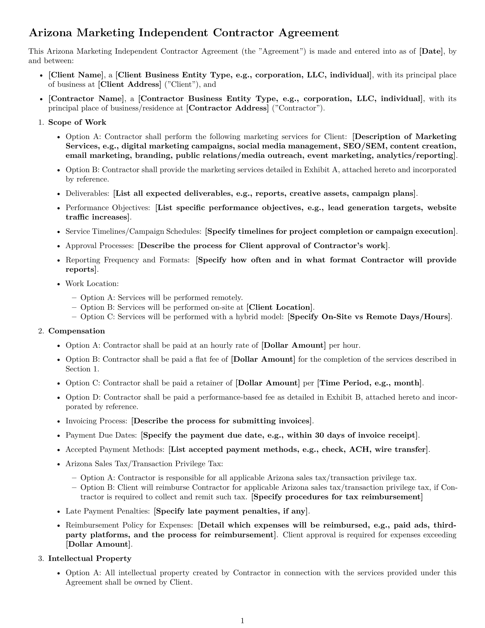 Preview page 1 of Free Arizona marketing independent contractor agreement template