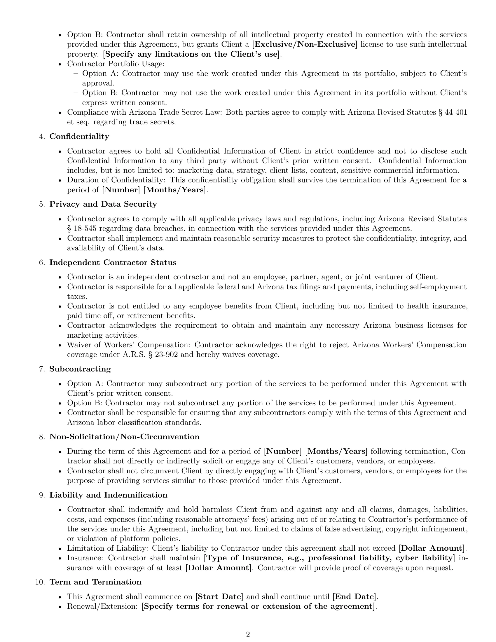 Preview page 2 of Free Arizona marketing independent contractor agreement template