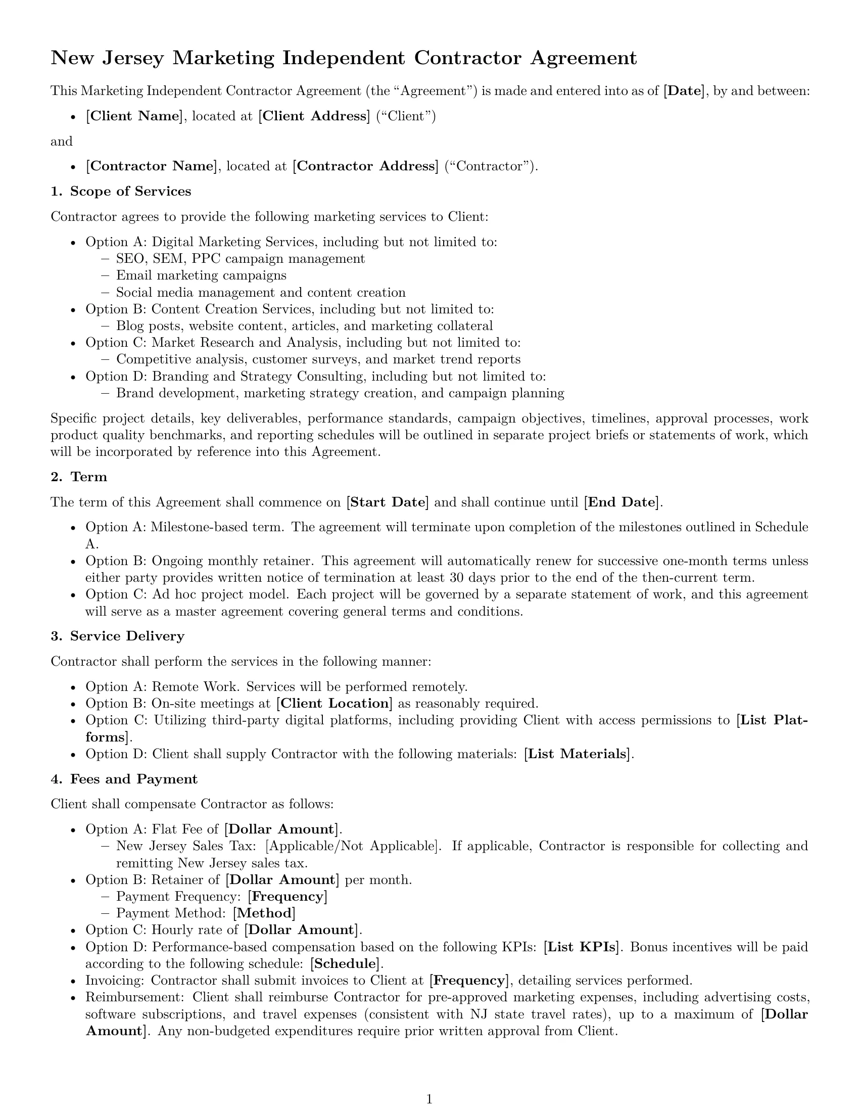 Preview page 1 of Free New Jersey marketing independent contractor agreement template