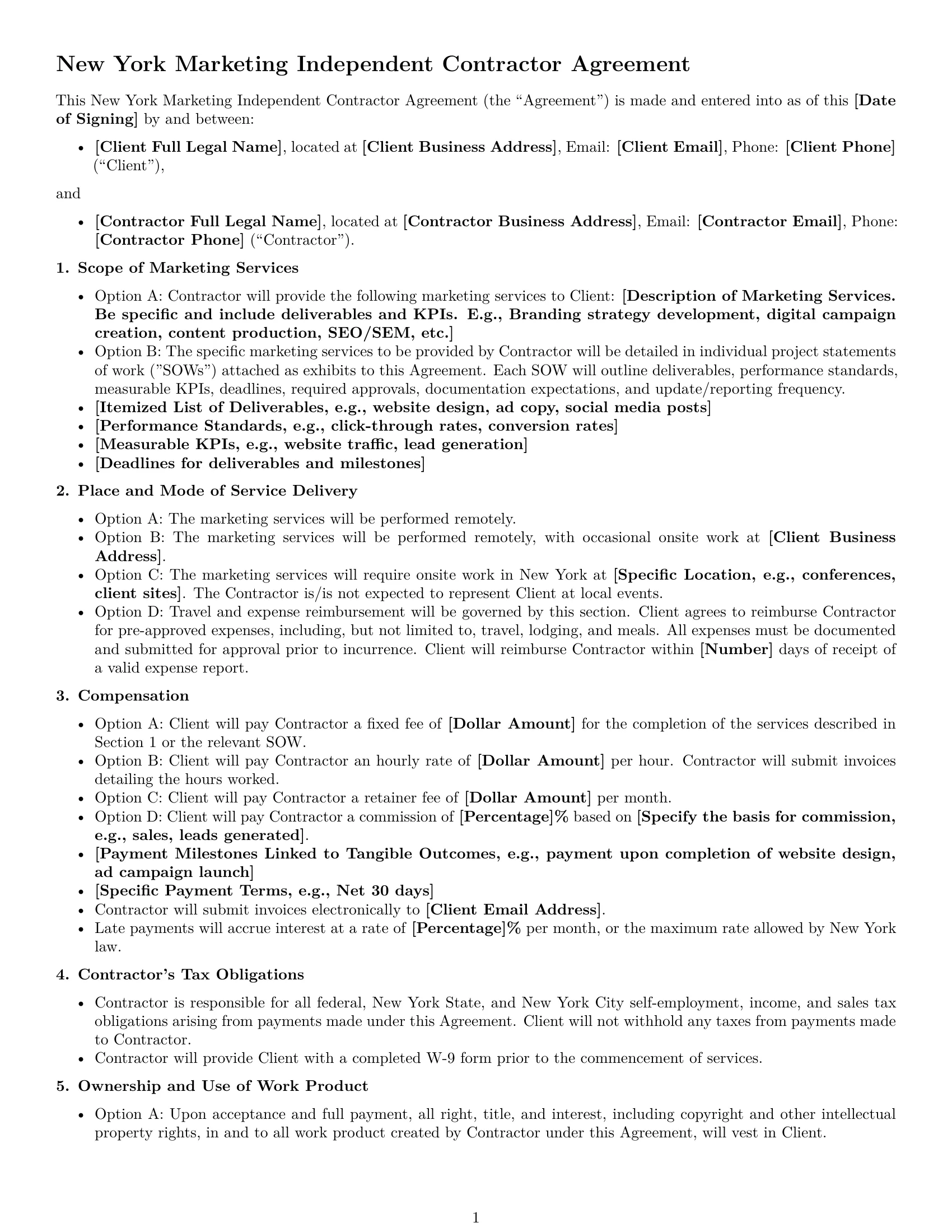 Preview page 1 of Free New York marketing independent contractor agreement template