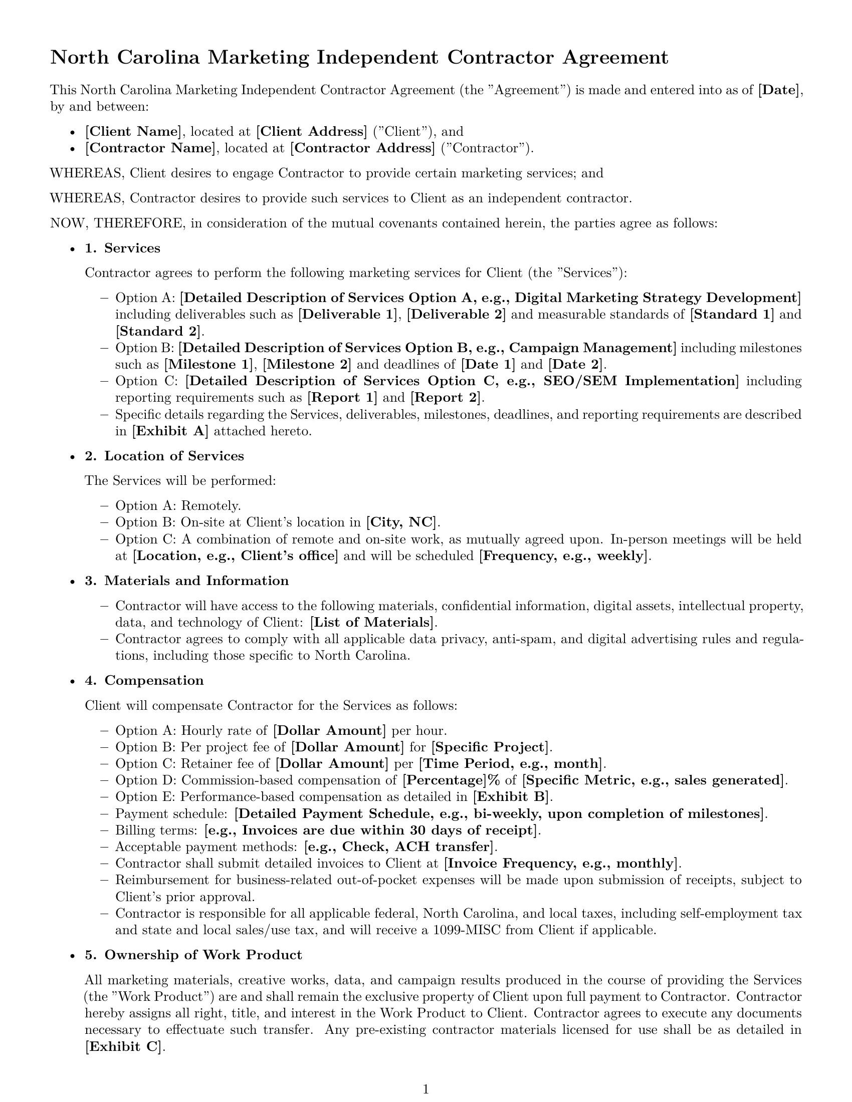 Preview page 1 of Free North Carolina marketing independent contractor agreement template