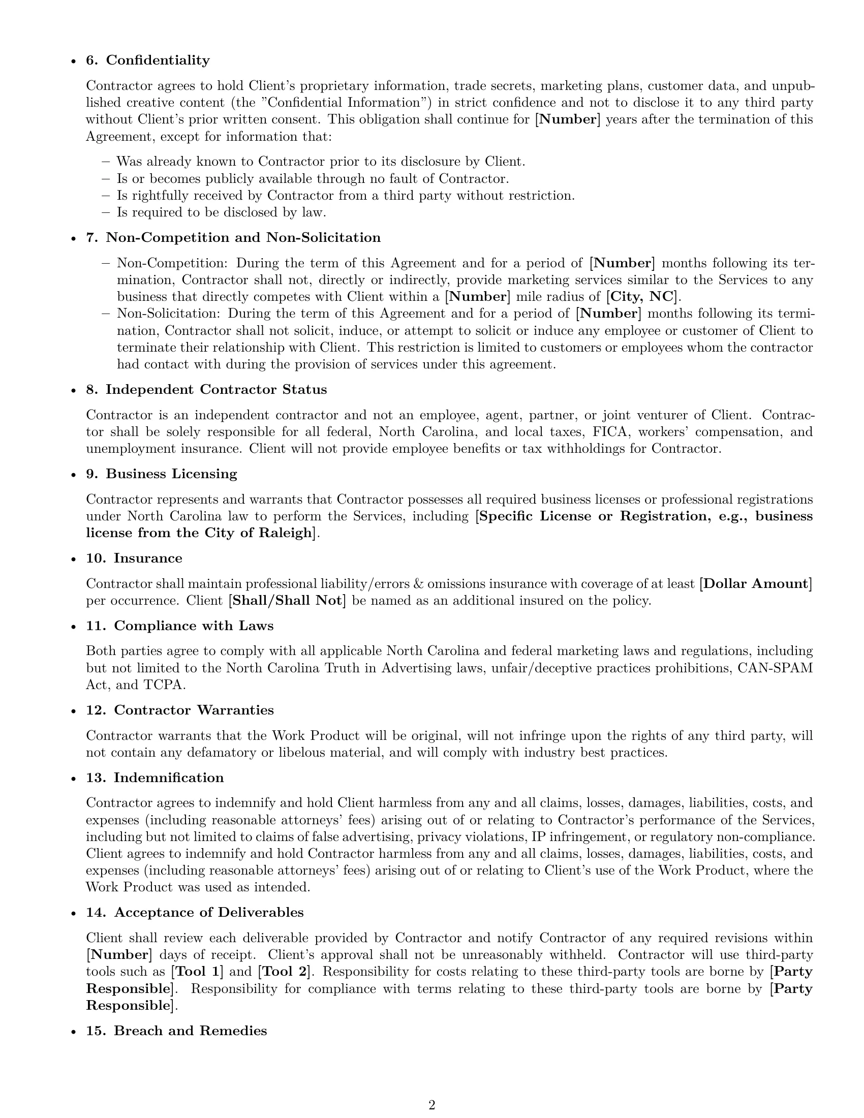 Preview page 2 of Free North Carolina marketing independent contractor agreement template