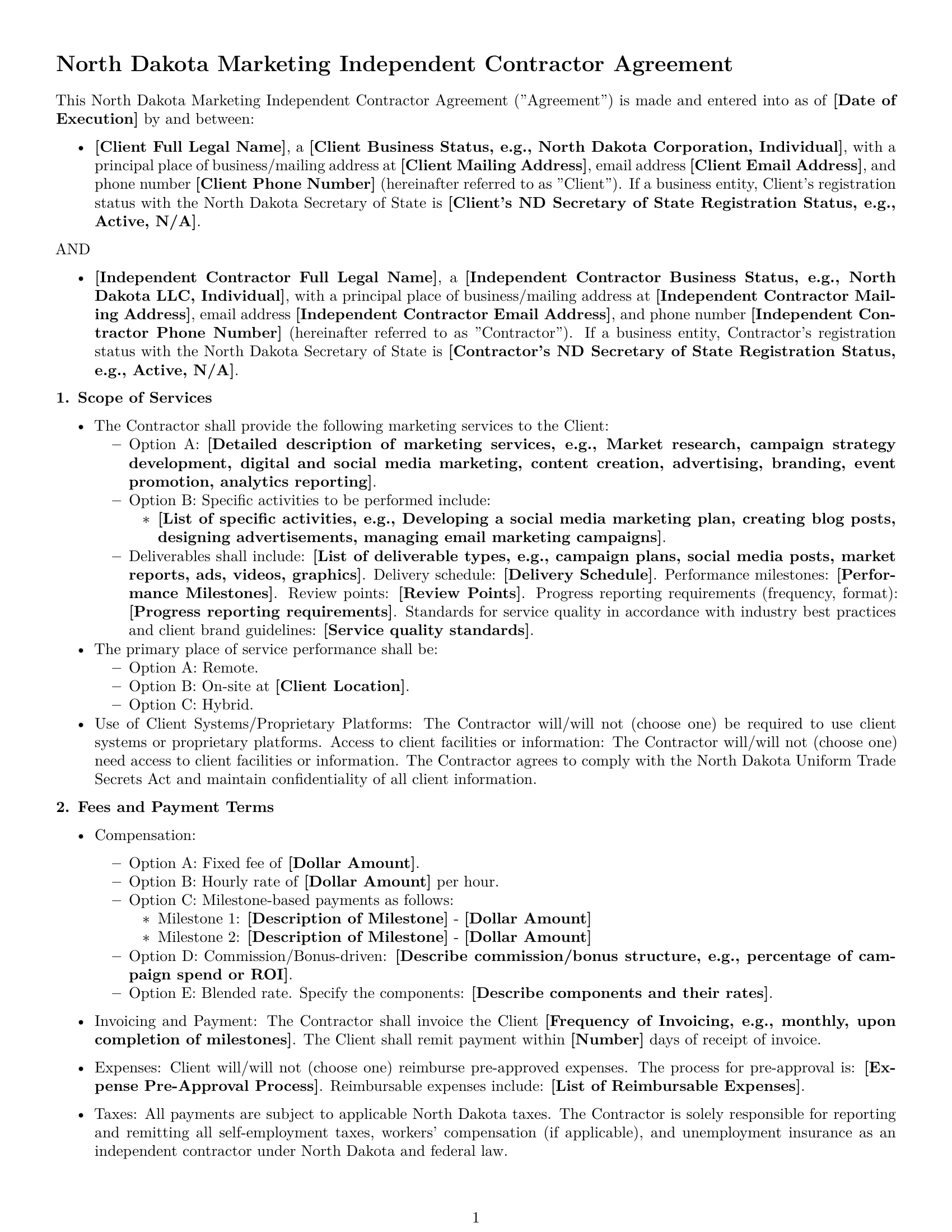 Preview page 1 of Free North Dakota marketing independent contractor agreement template