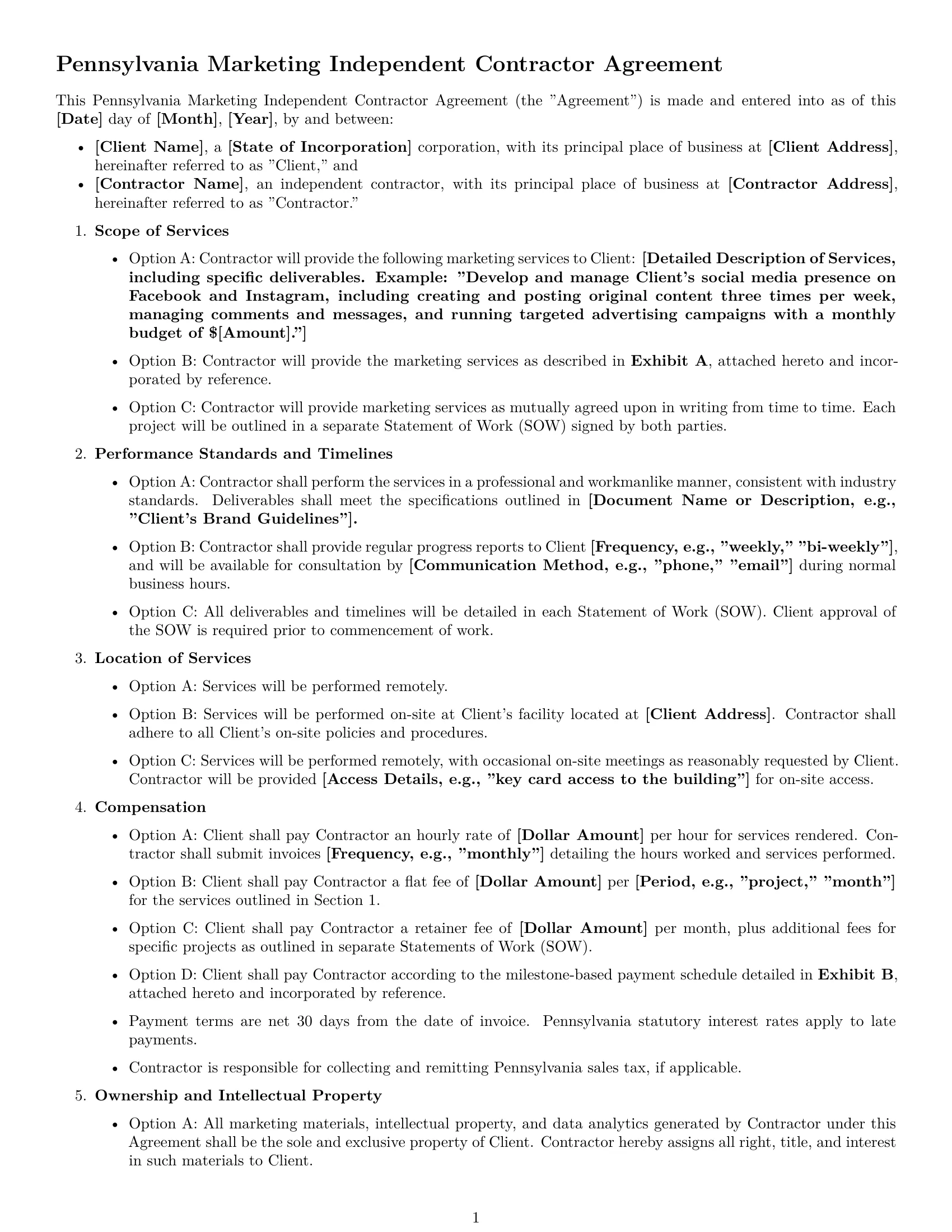 Preview page 1 of Free Pennsylvania marketing independent contractor agreement template