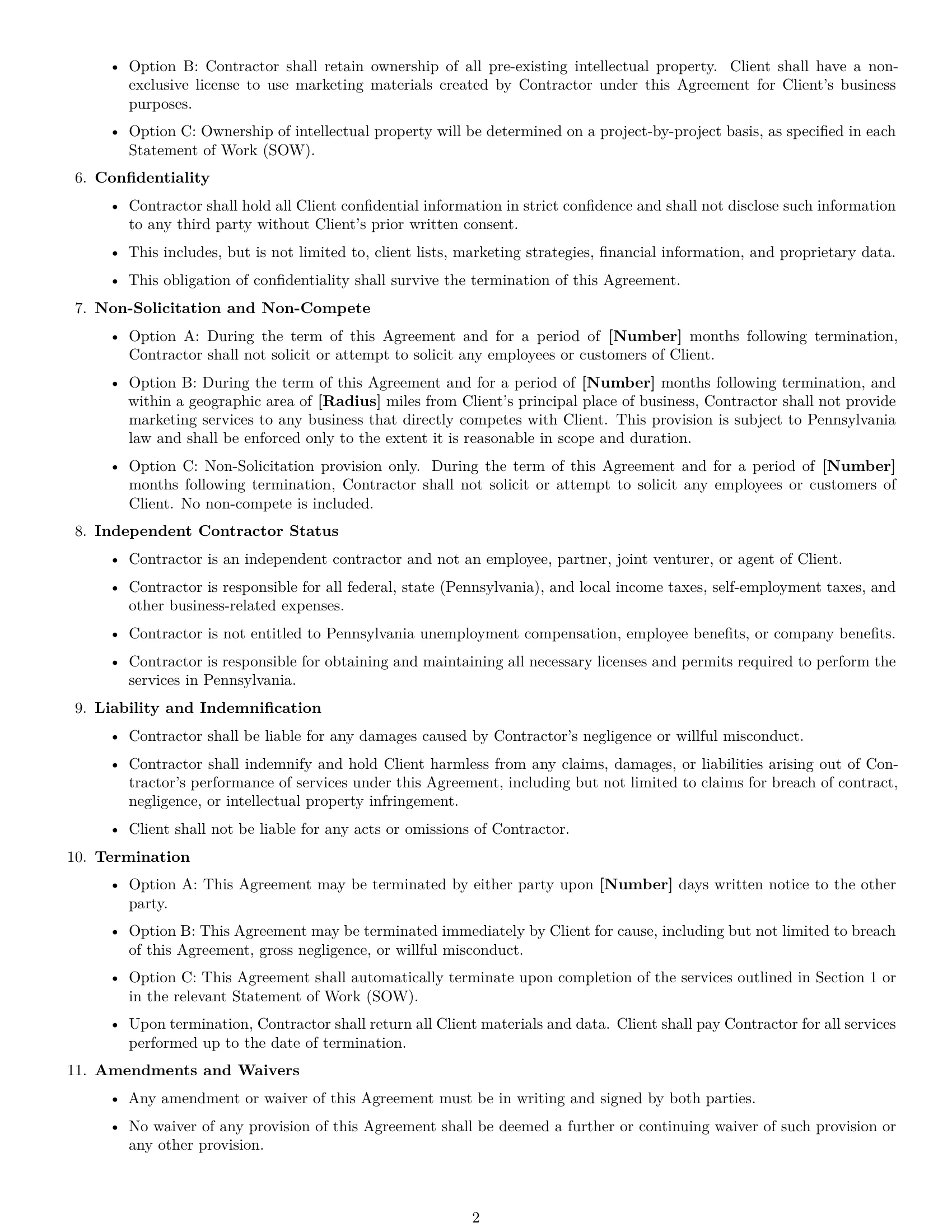 Preview page 2 of Free Pennsylvania marketing independent contractor agreement template
