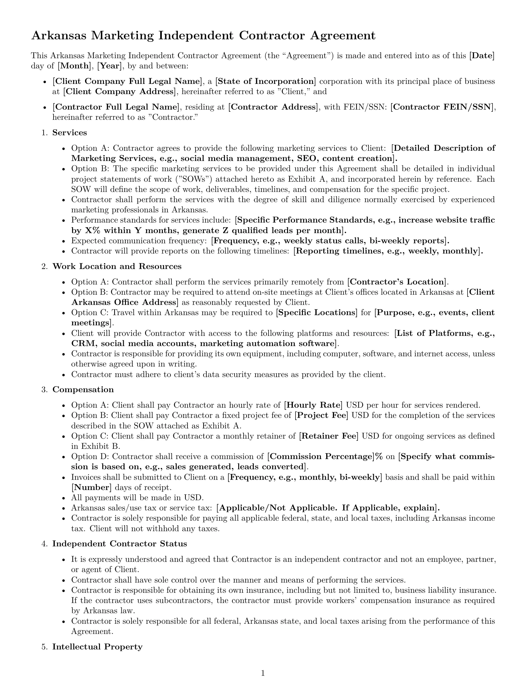 Preview page 1 of Free Arkansas marketing independent contractor agreement template