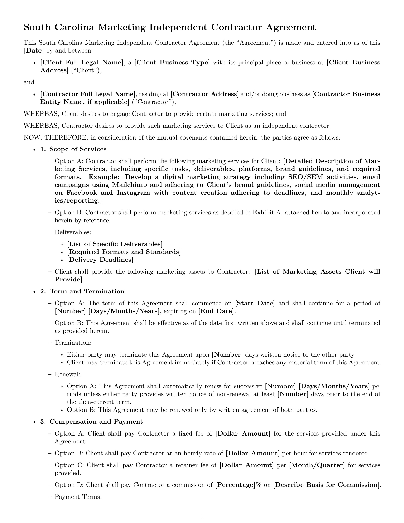 Preview page 1 of Free South Carolina marketing independent contractor agreement template