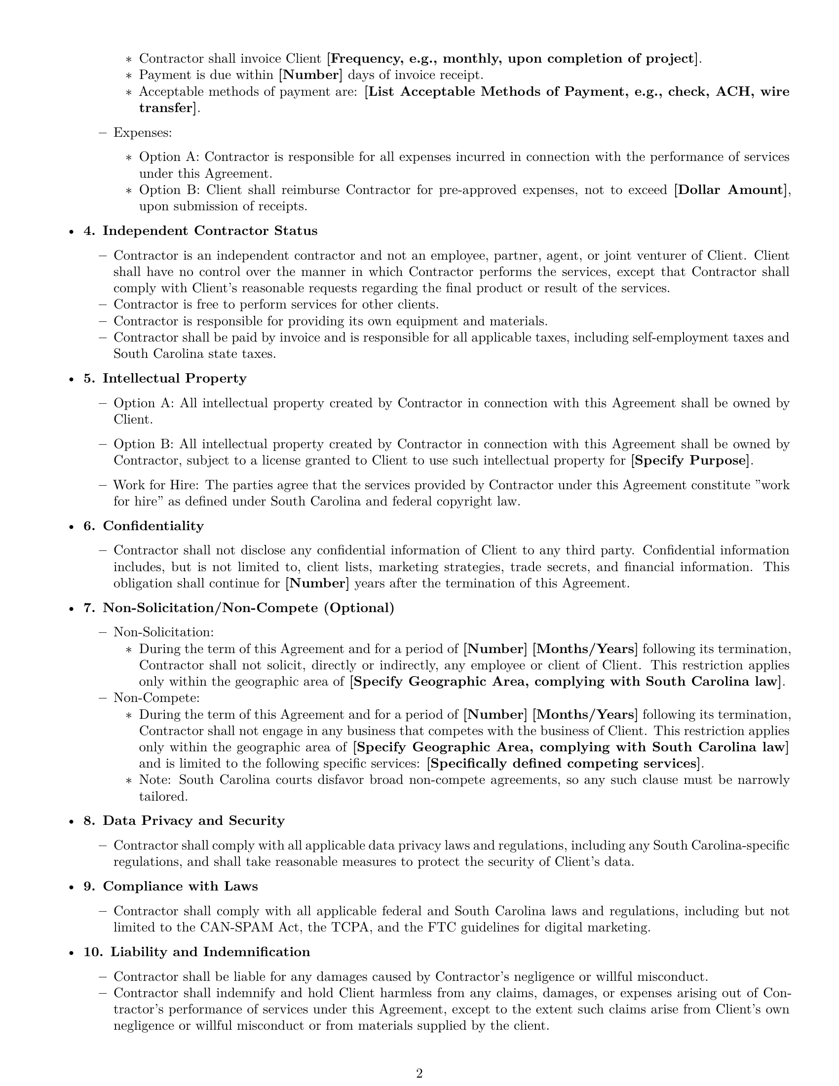 Preview page 2 of Free South Carolina marketing independent contractor agreement template