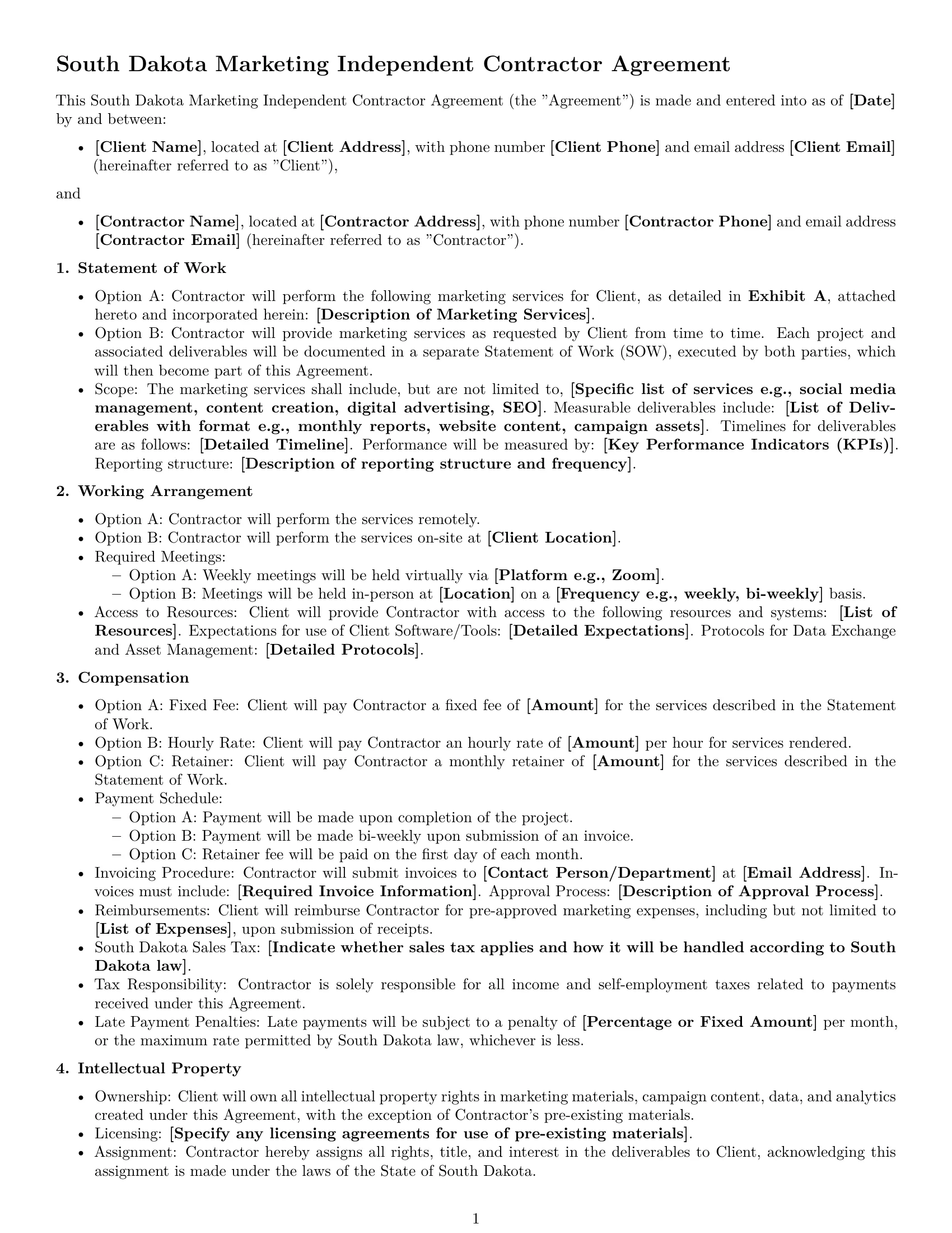 Preview page 1 of Free South Dakota marketing independent contractor agreement template