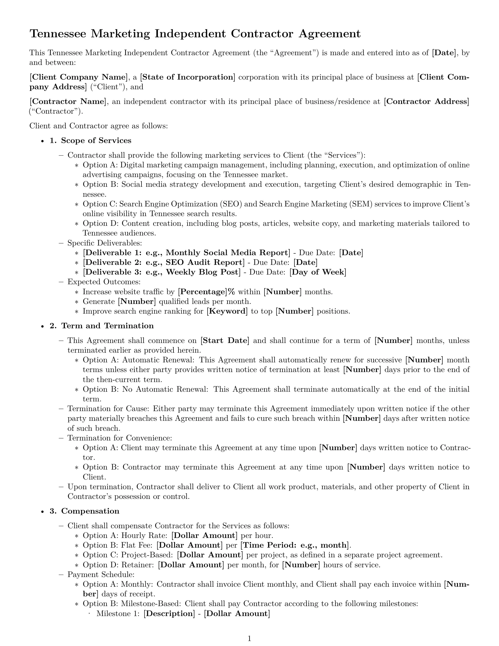 Preview page 1 of Free Tennessee marketing independent contractor agreement template