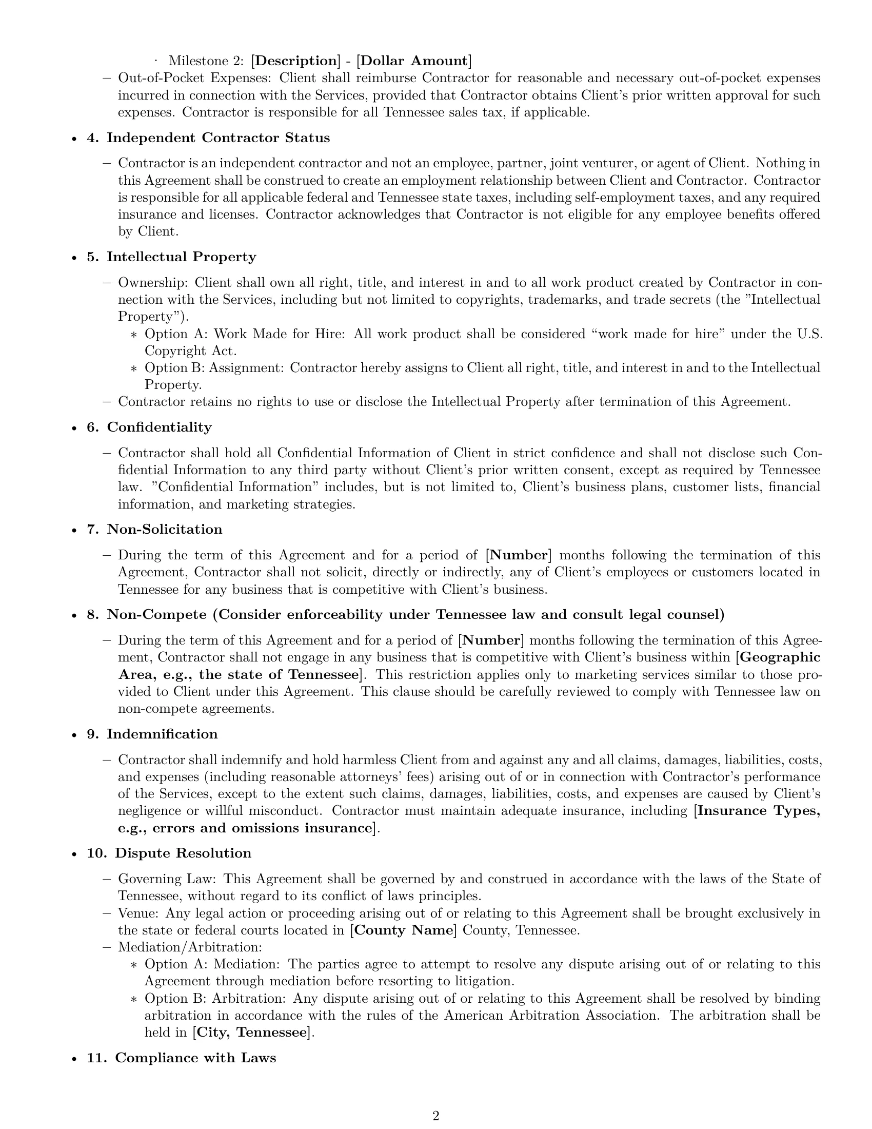Preview page 2 of Free Tennessee marketing independent contractor agreement template