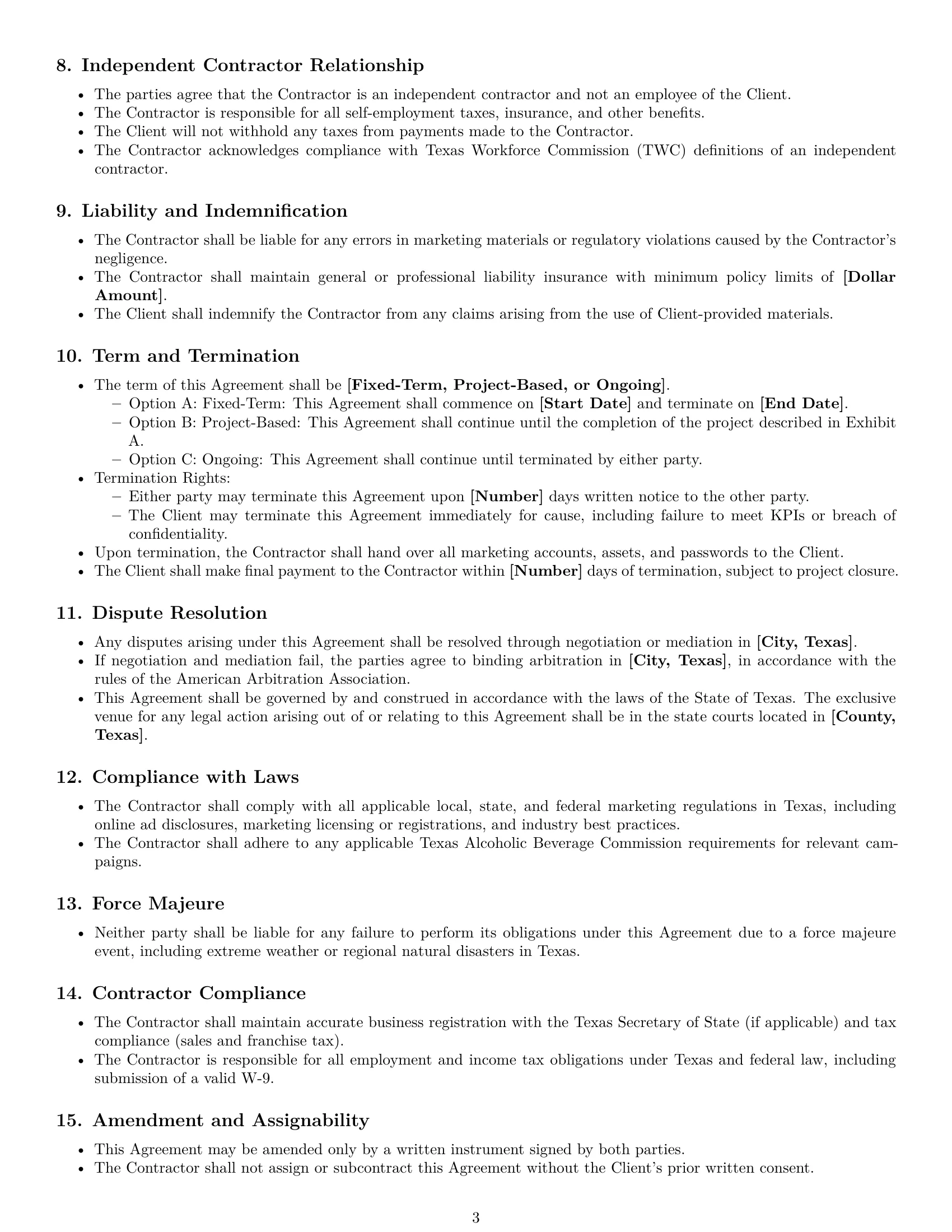 Preview page 3 of Free Texas marketing independent contractor agreement template