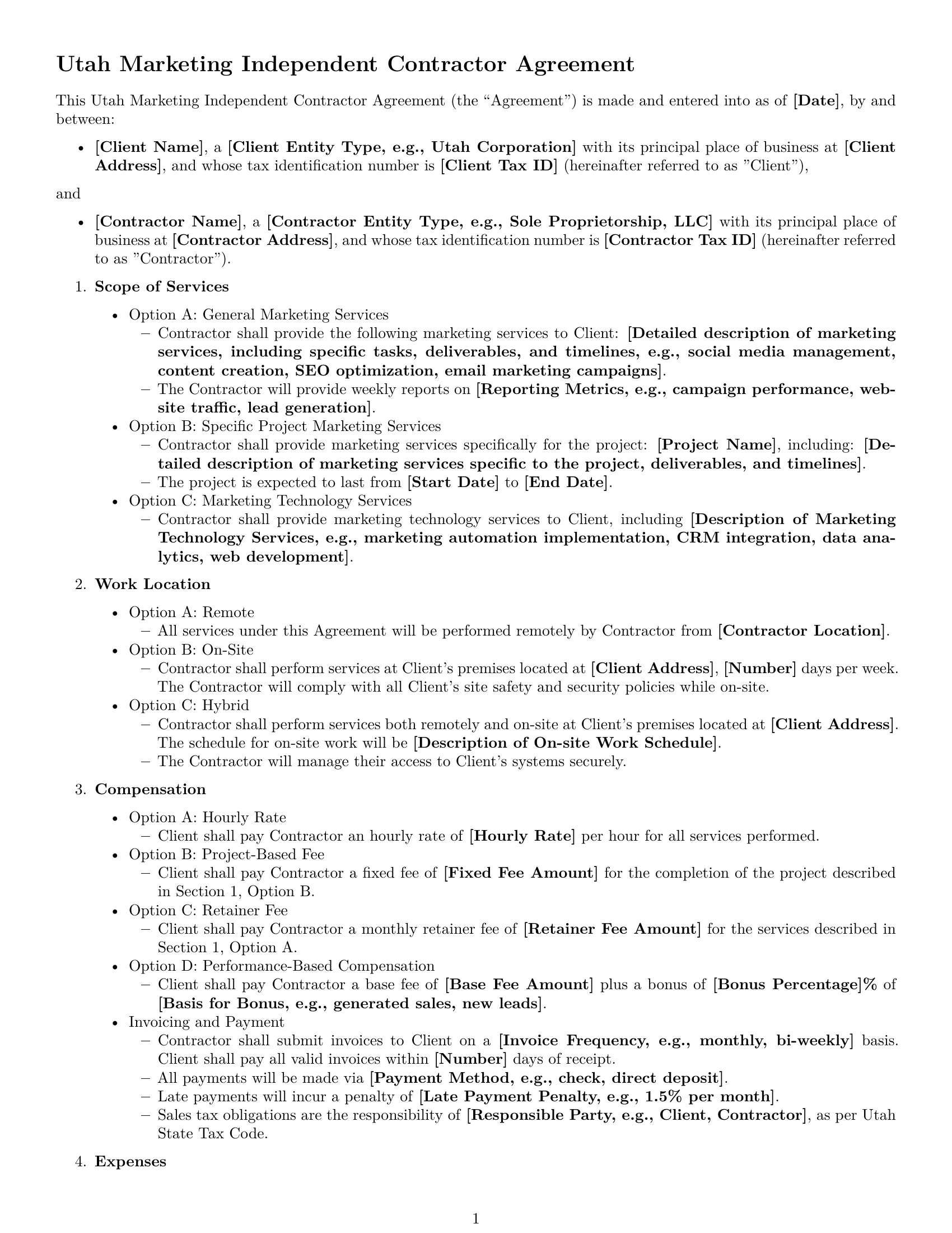 Preview page 1 of Free Utah marketing independent contractor agreement template
